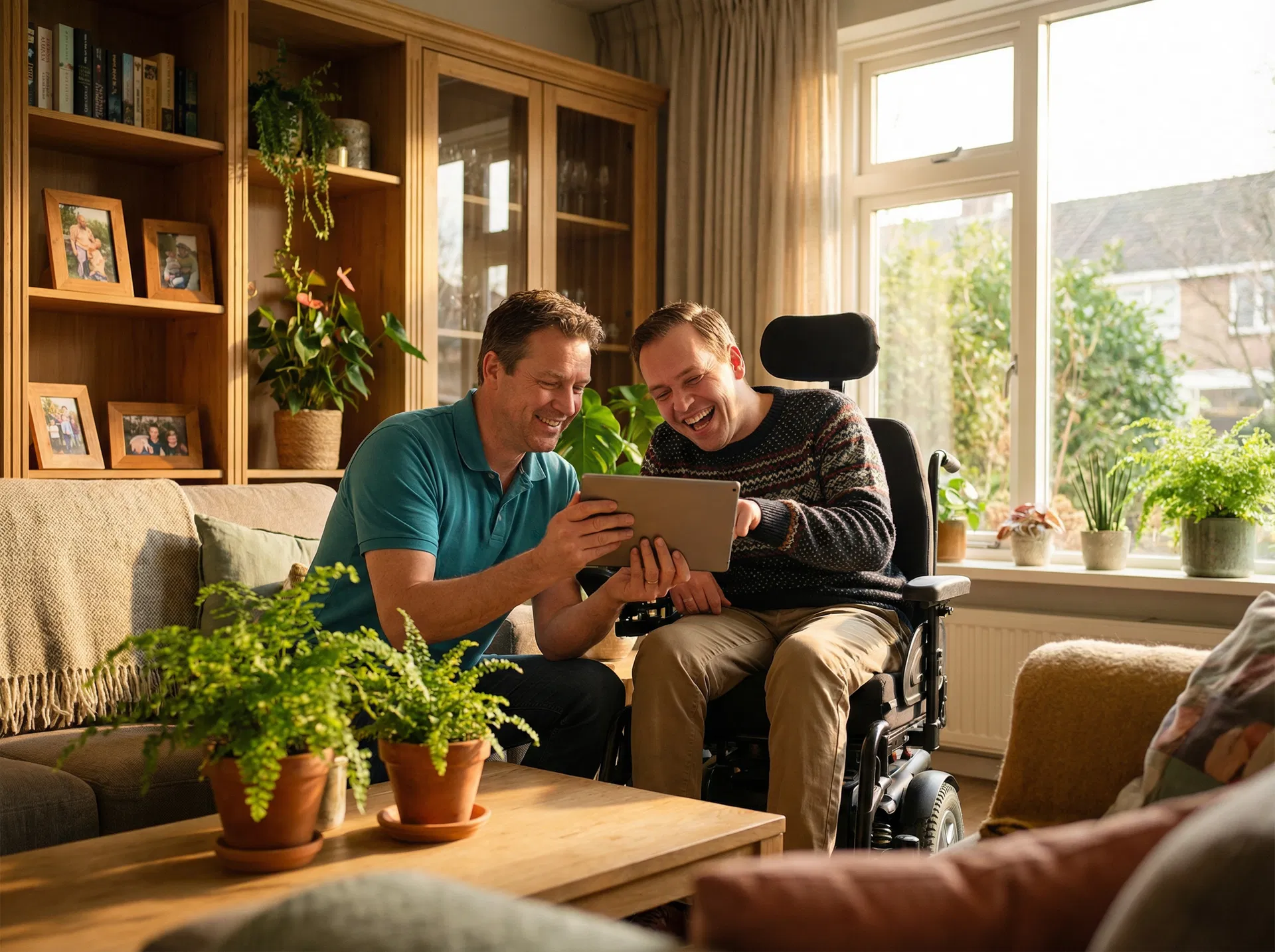 Caregiver and client with cerebral palsy laughing together at home