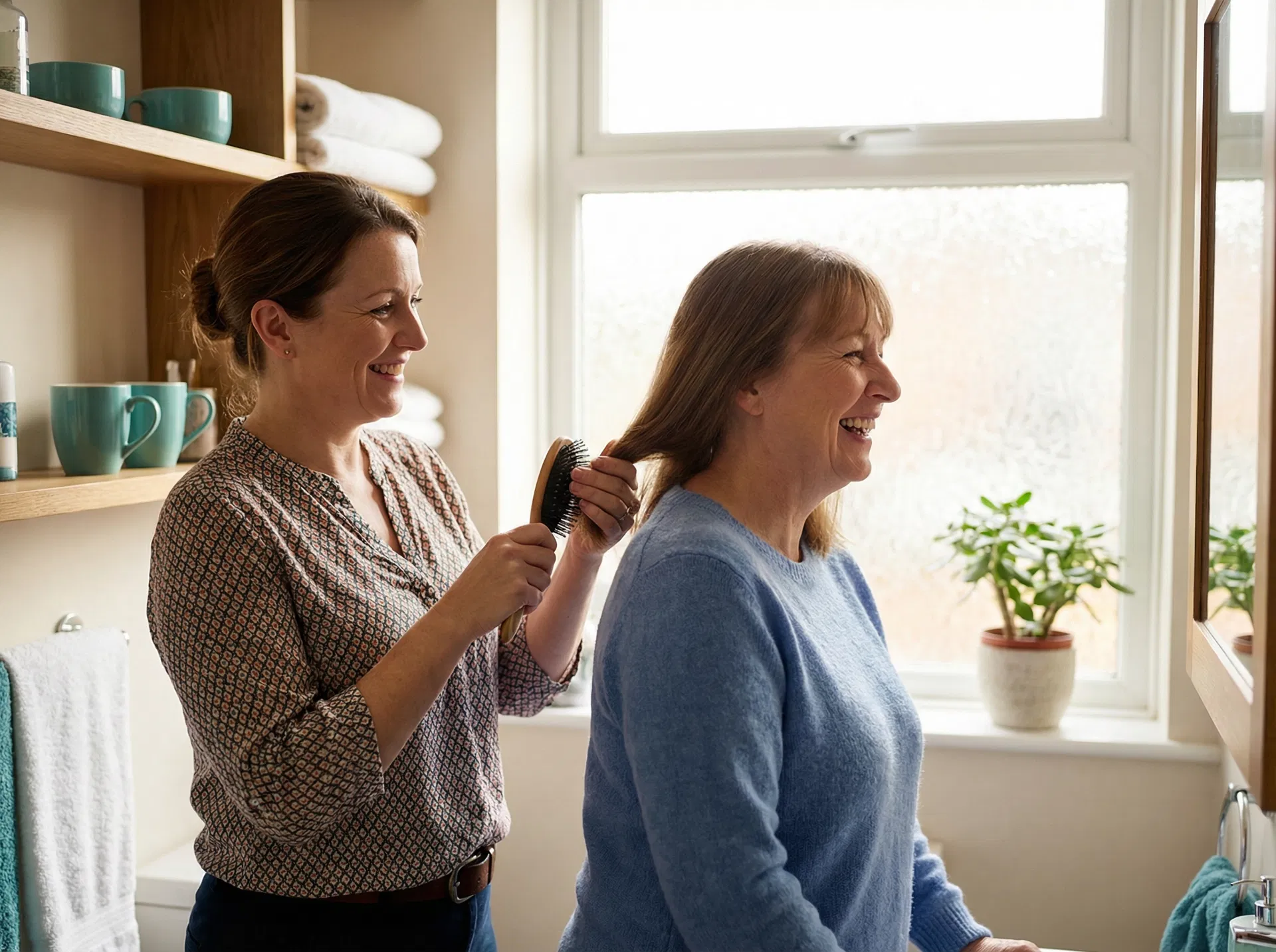 Caregiver helping a client with personal grooming at home