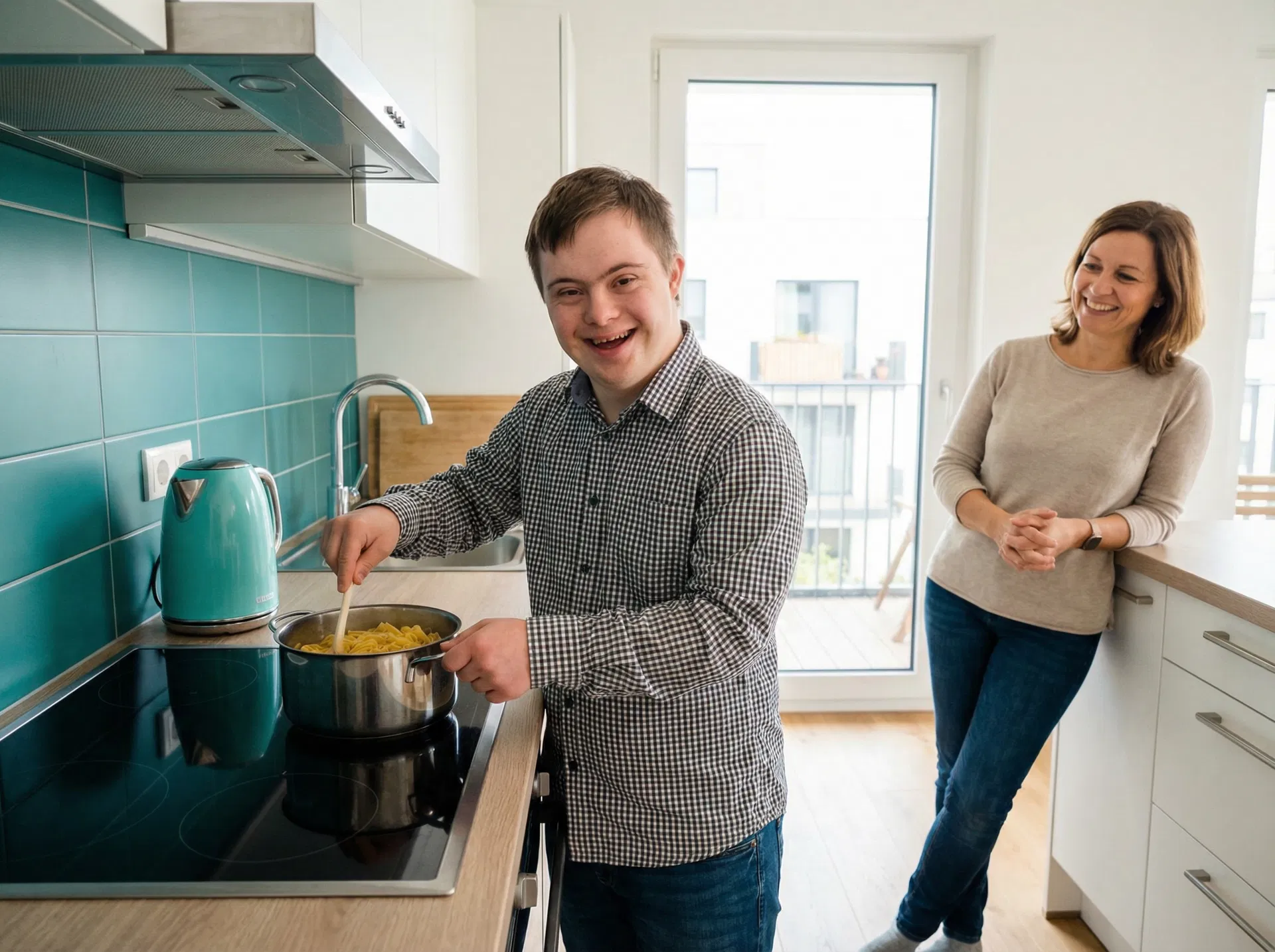 Adult with developmental disability cooking independently in his own apartment