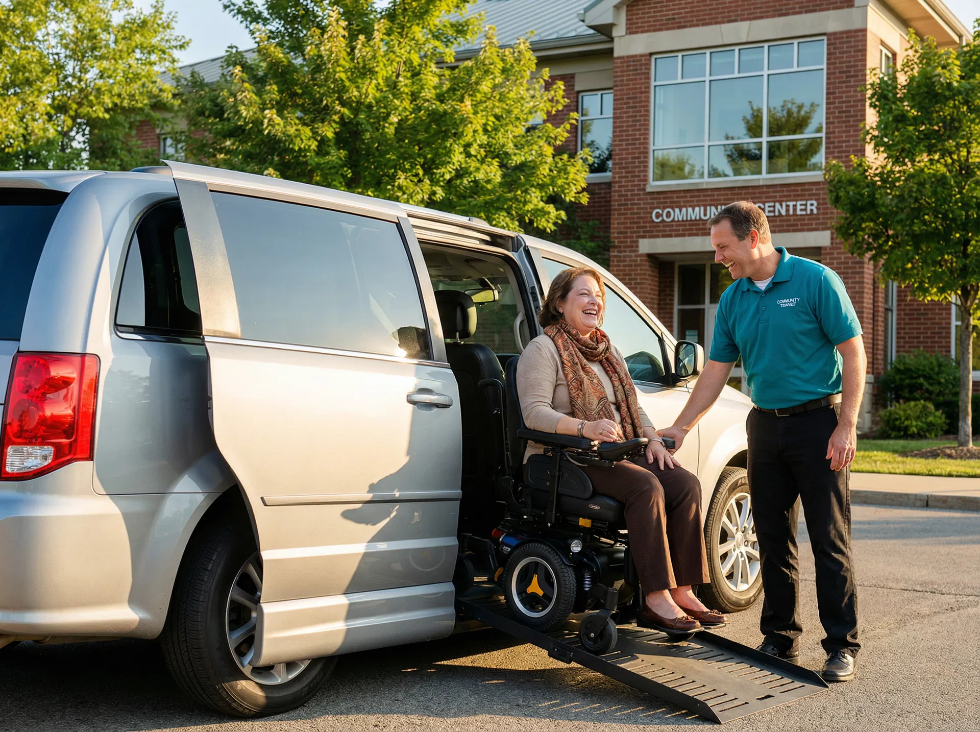 Caregiver helping a wheelchair user board an accessible van