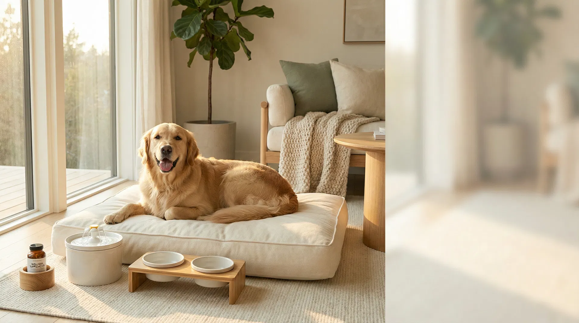 Happy golden retriever on premium orthopedic pet bed
