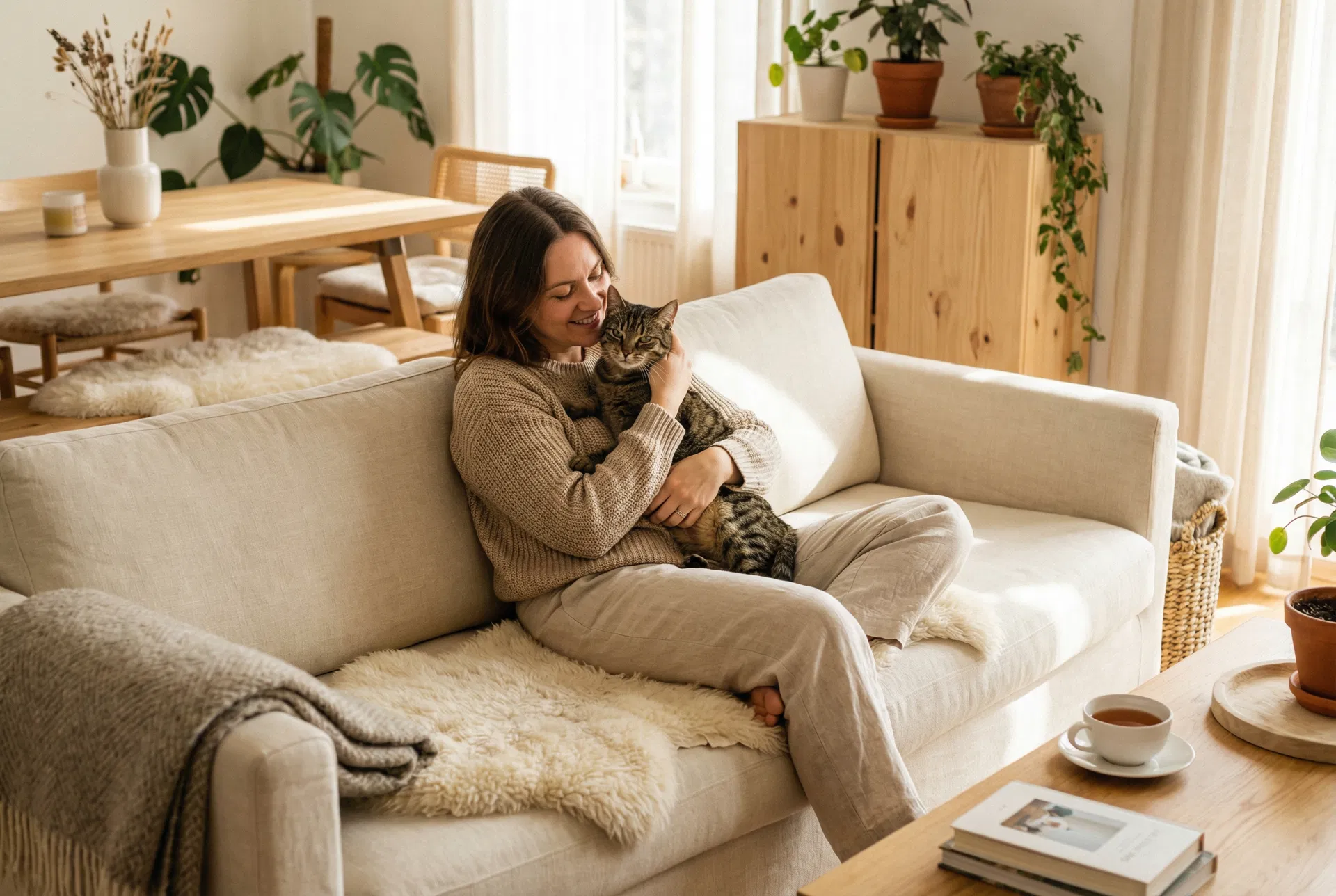 Pet parent lovingly holding their cat in a cozy home