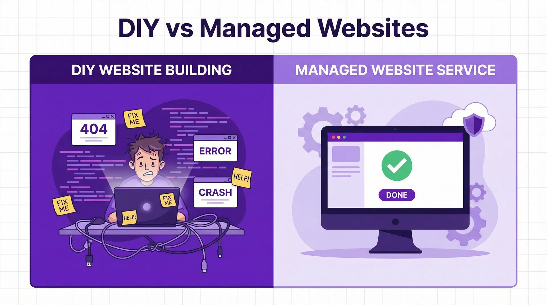 Split-screen comparison of a chaotic DIY website builder interface versus a clean, professionally managed business website
