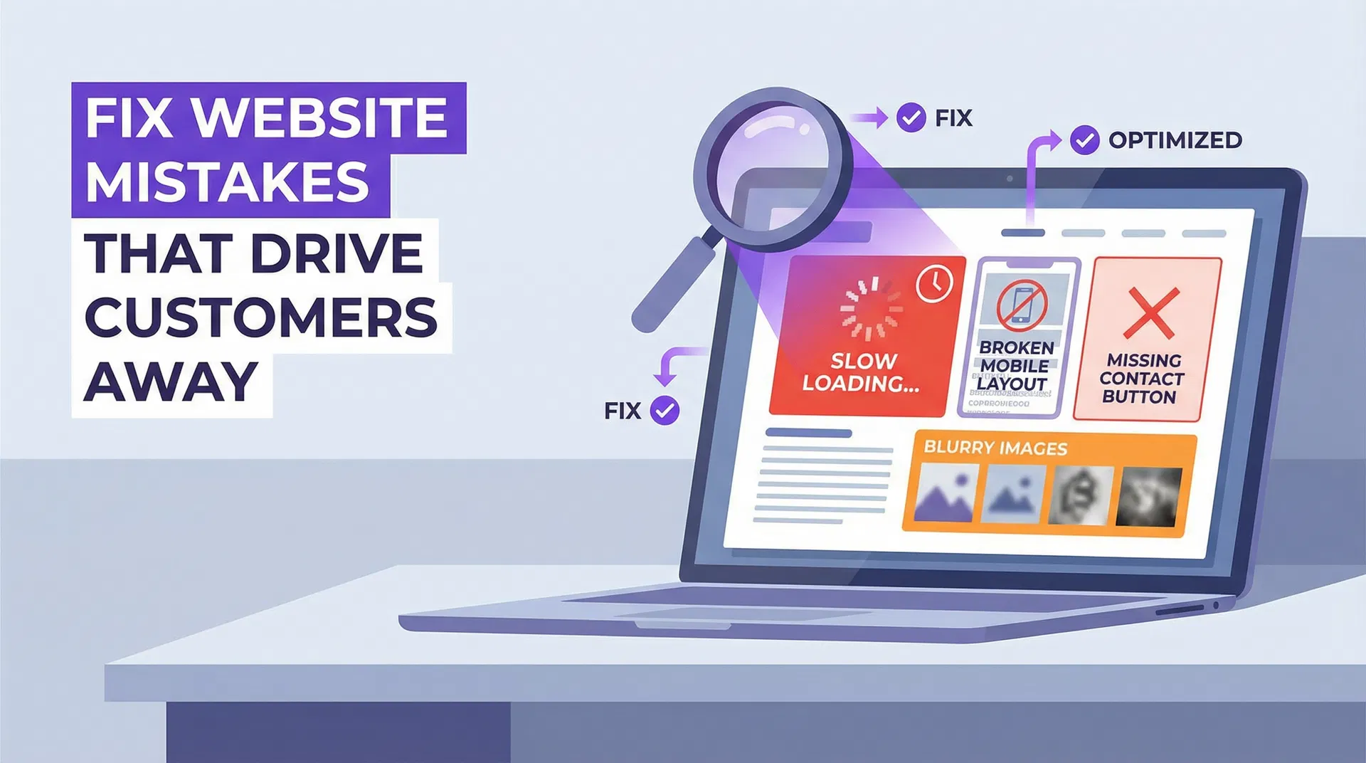 Magnifying glass highlighting common small business website design mistakes that drive customers away