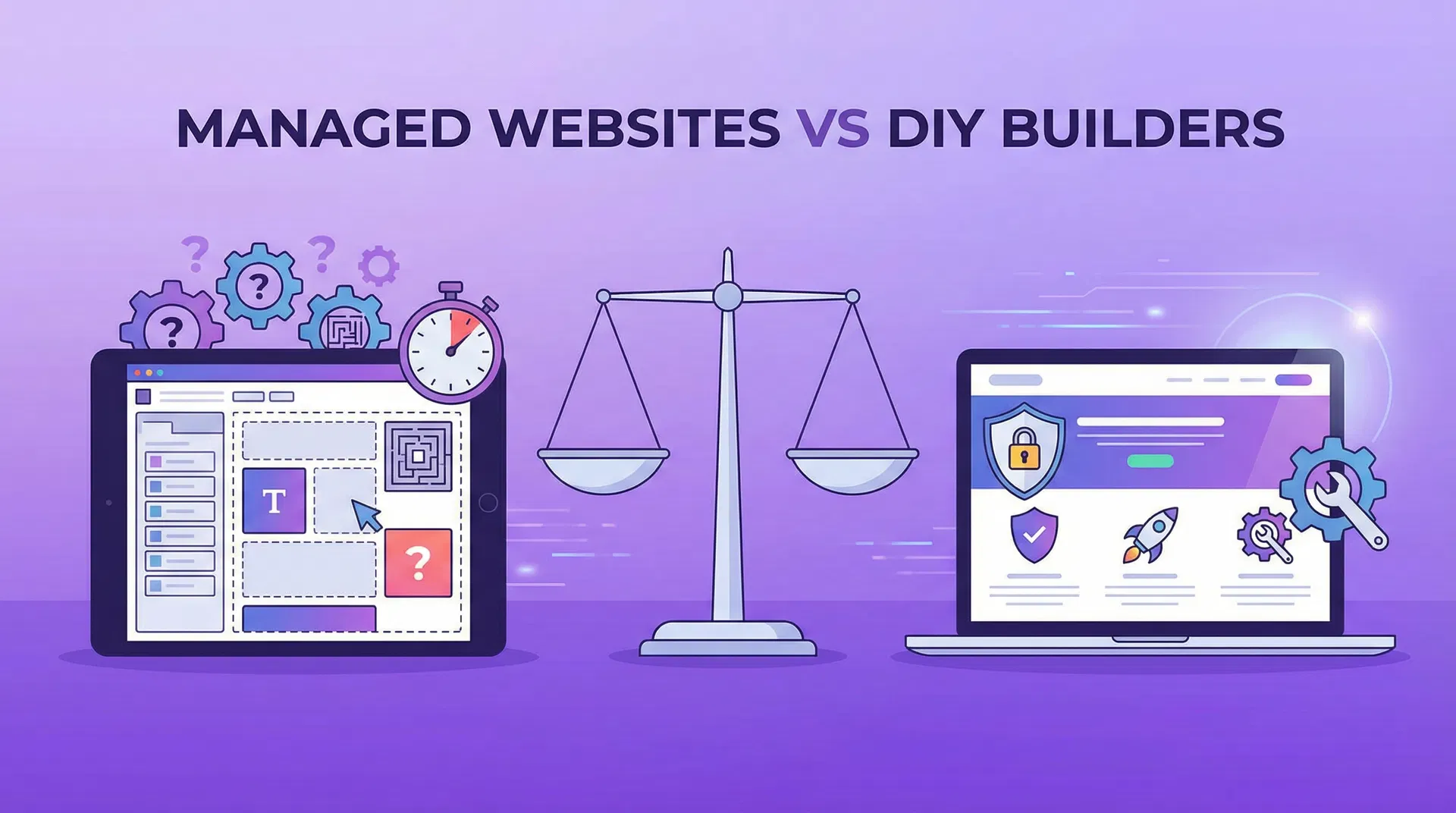 Balance scale comparing a fully managed business website service against a DIY website builder