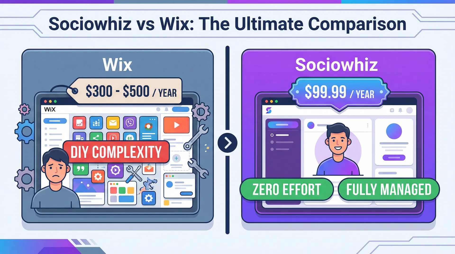 Side-by-side monitor comparison of Sociowhiz managed website versus Wix DIY builder showing cost and feature differences