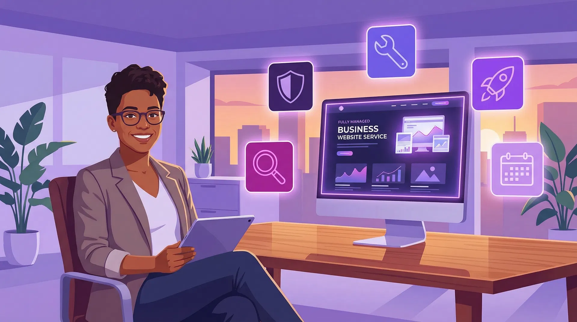 Relaxed small business owner at desk with floating icons representing hosting, SEO, security, and support from a fully managed website service