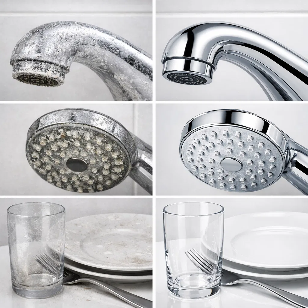 Before and after comparison showing hard water damage vs clean water results