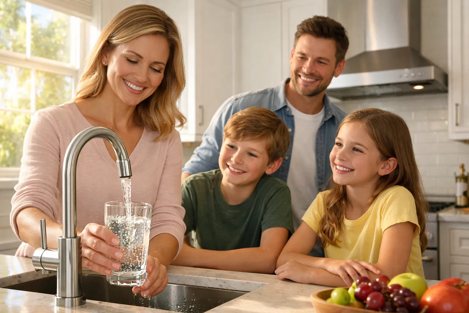 Happy family enjoying crystal clear water in their modern kitchen