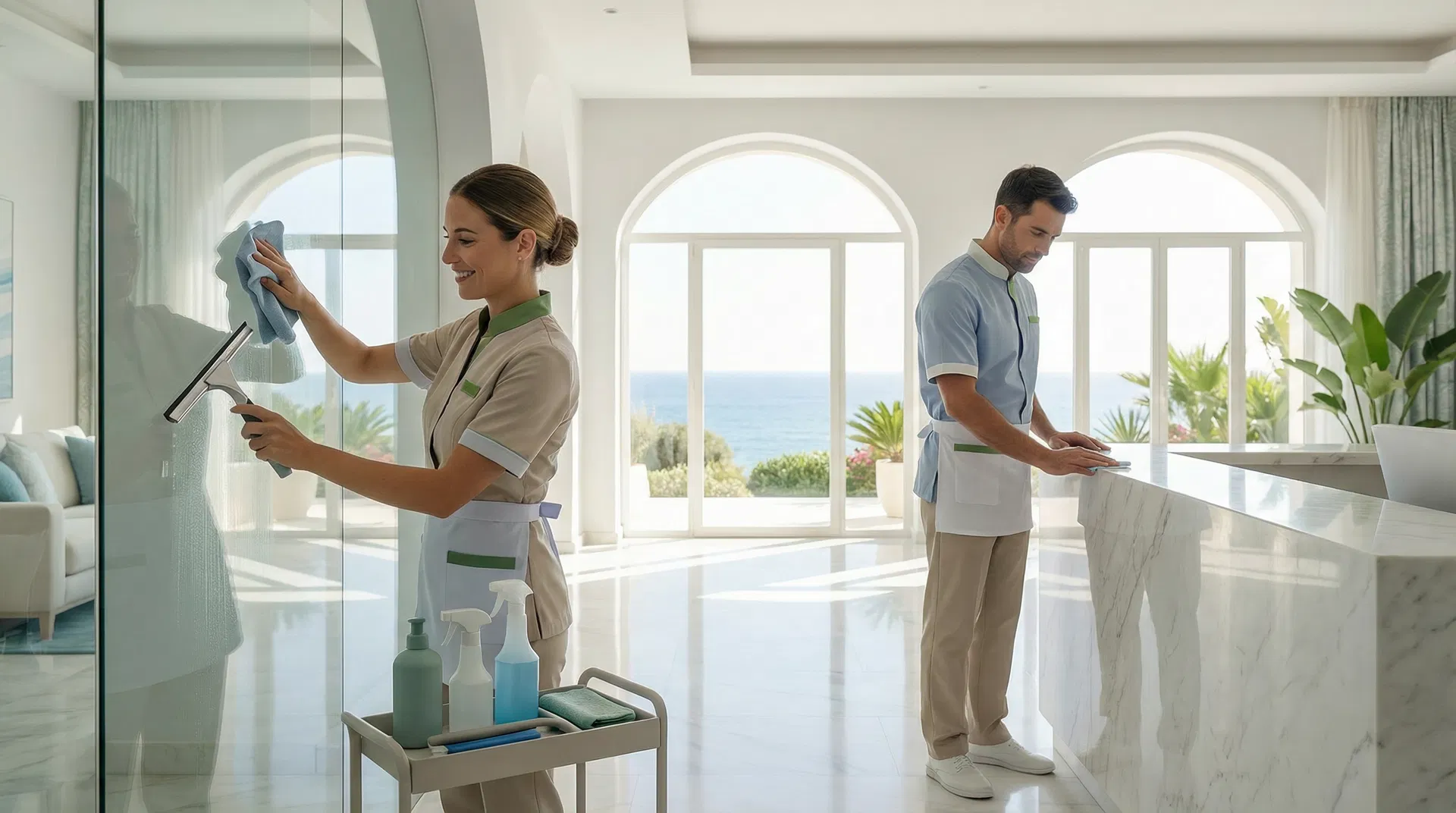 Equipo profesional de limpieza trabajando en un espacio amplio y luminoso