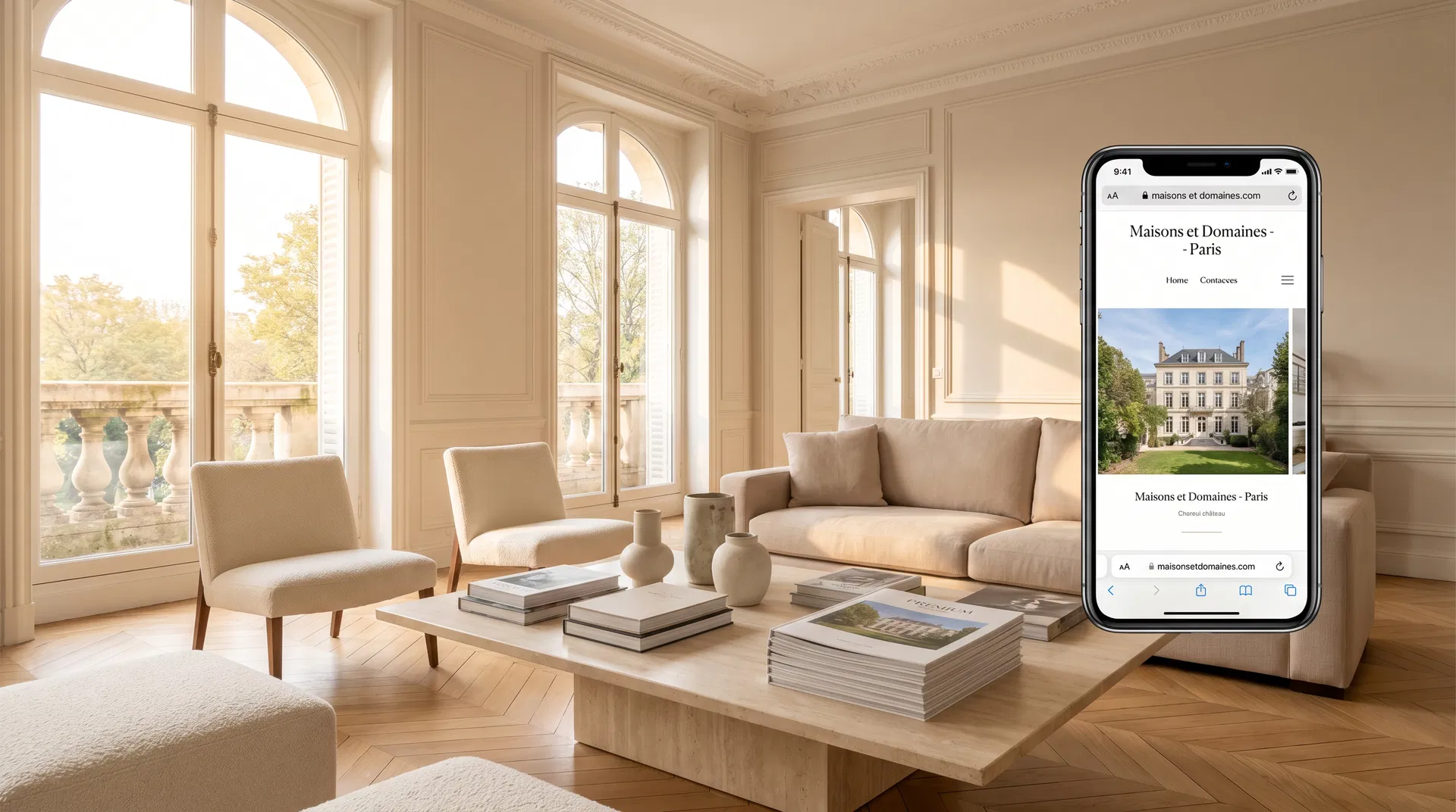Ambiance intérieure lumineuse et premium pour une présentation immobilière
