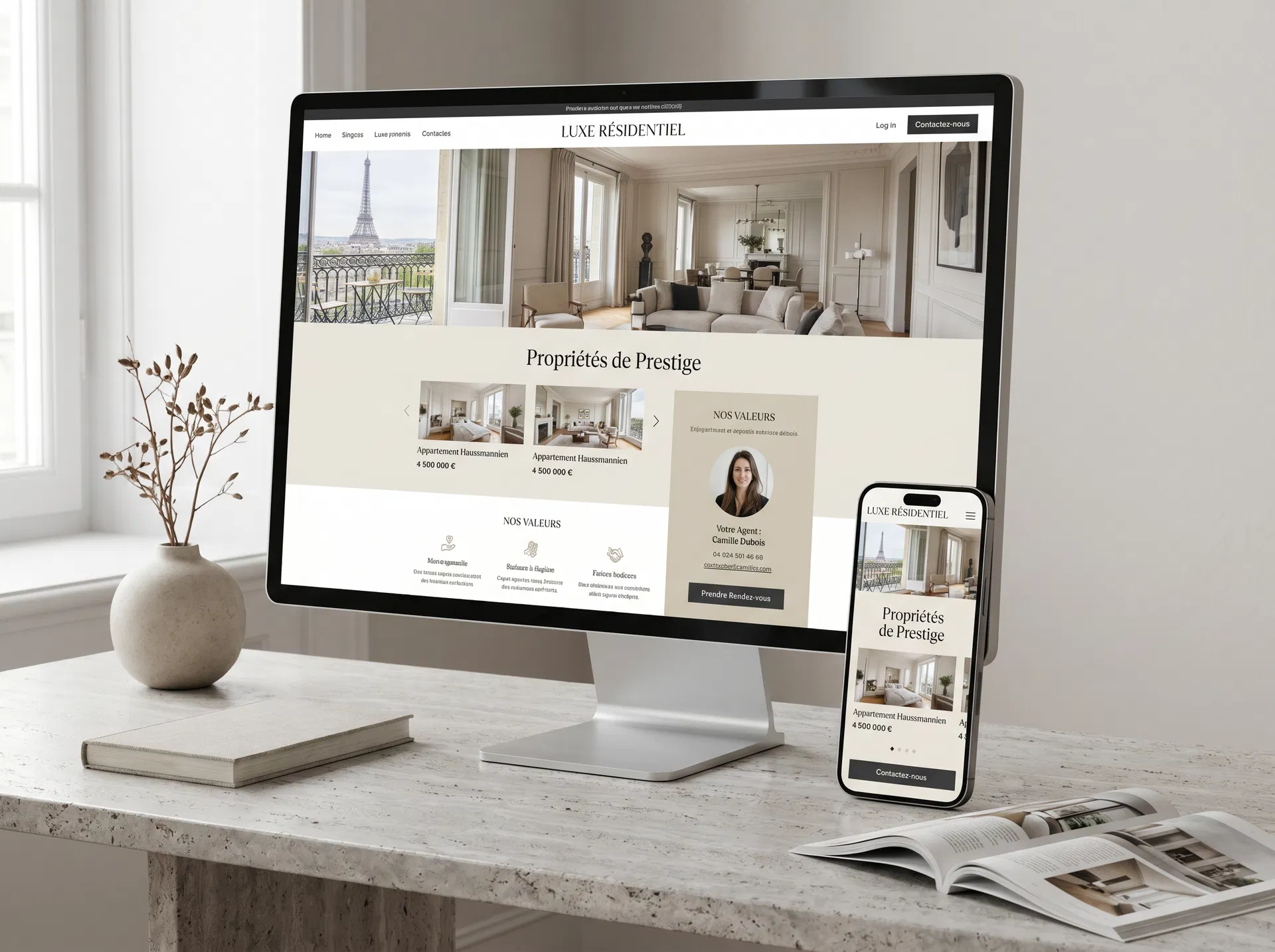 Mockup réaliste d’un site web immobilier
