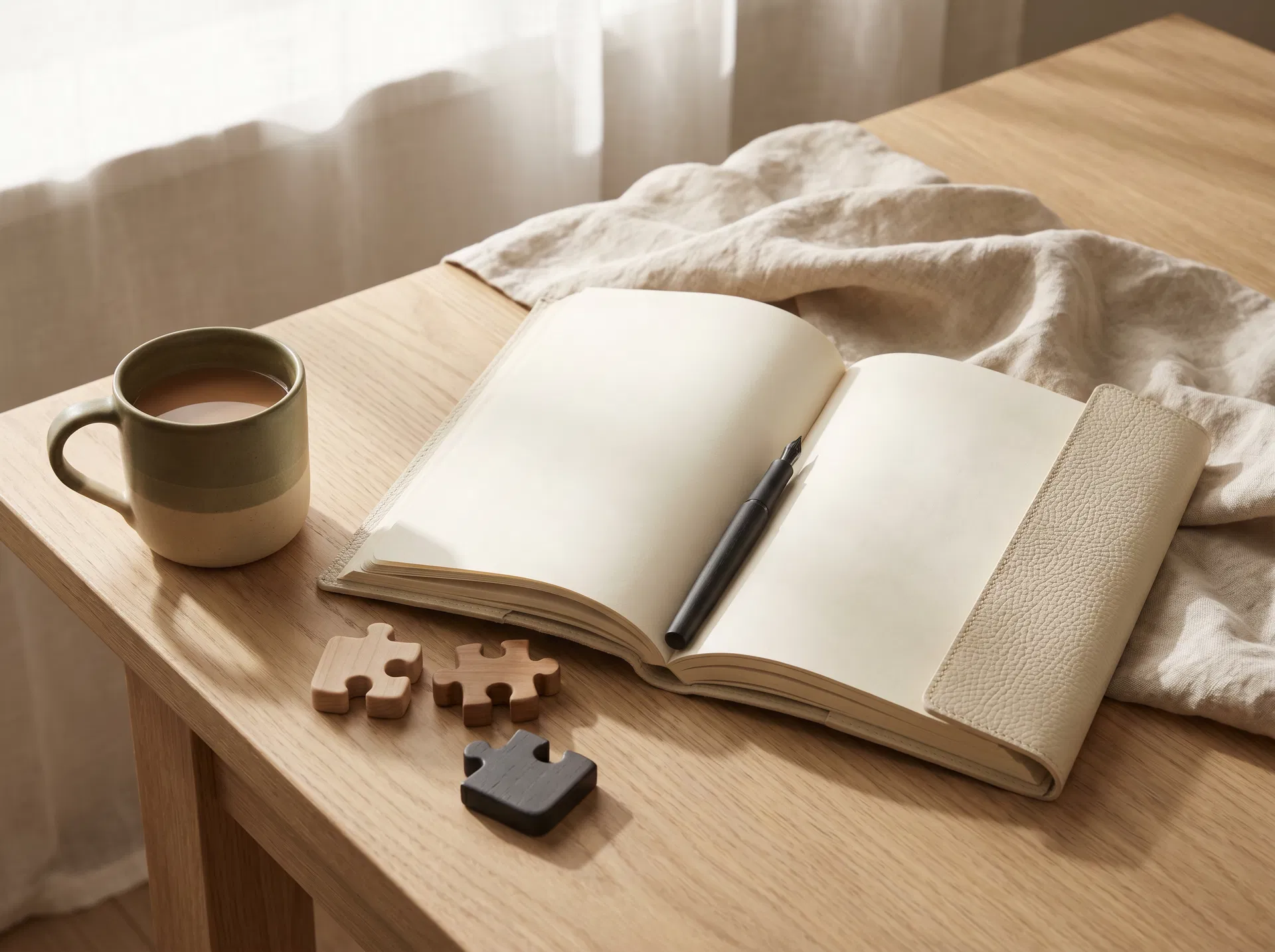 Journal, pen, and puzzle pieces on a table