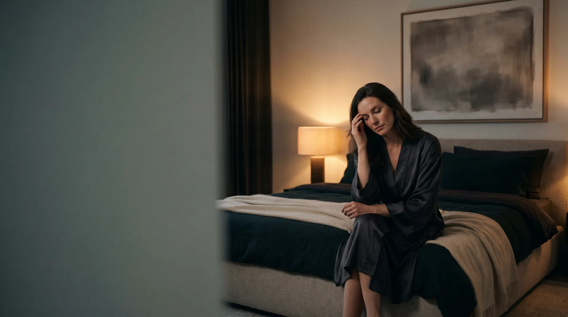 A woman sitting quietly at night, moving from mental overload toward calm