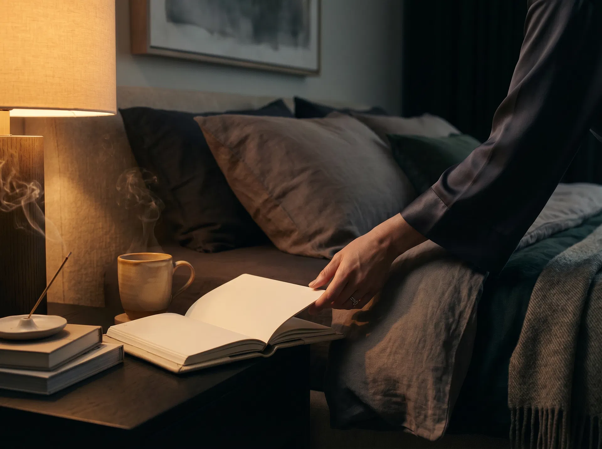A warm nighttime bedside scene with a journal and lamp