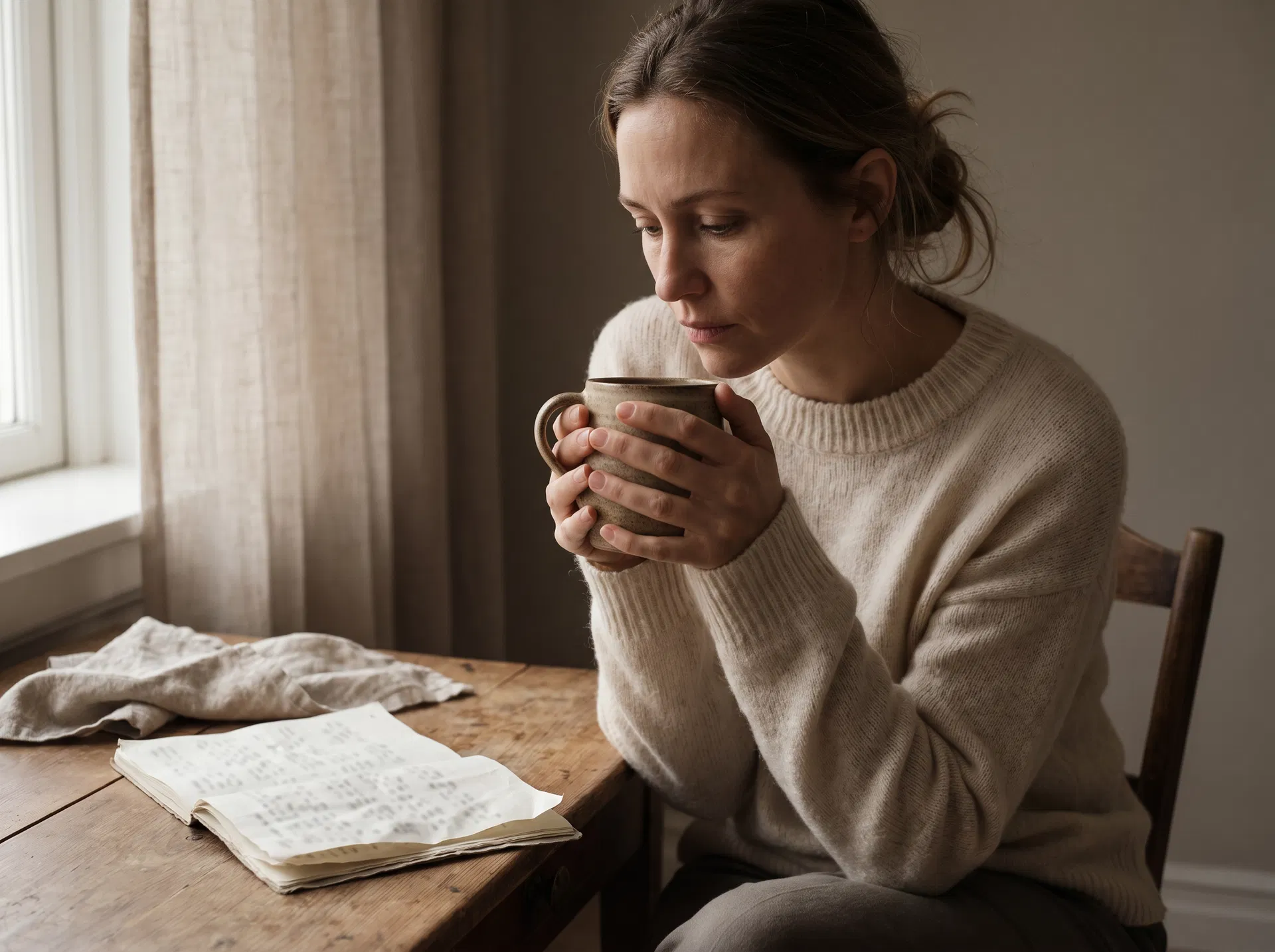 A close-up of a woman holding a warm mug while sitting quietly in soft natural light.