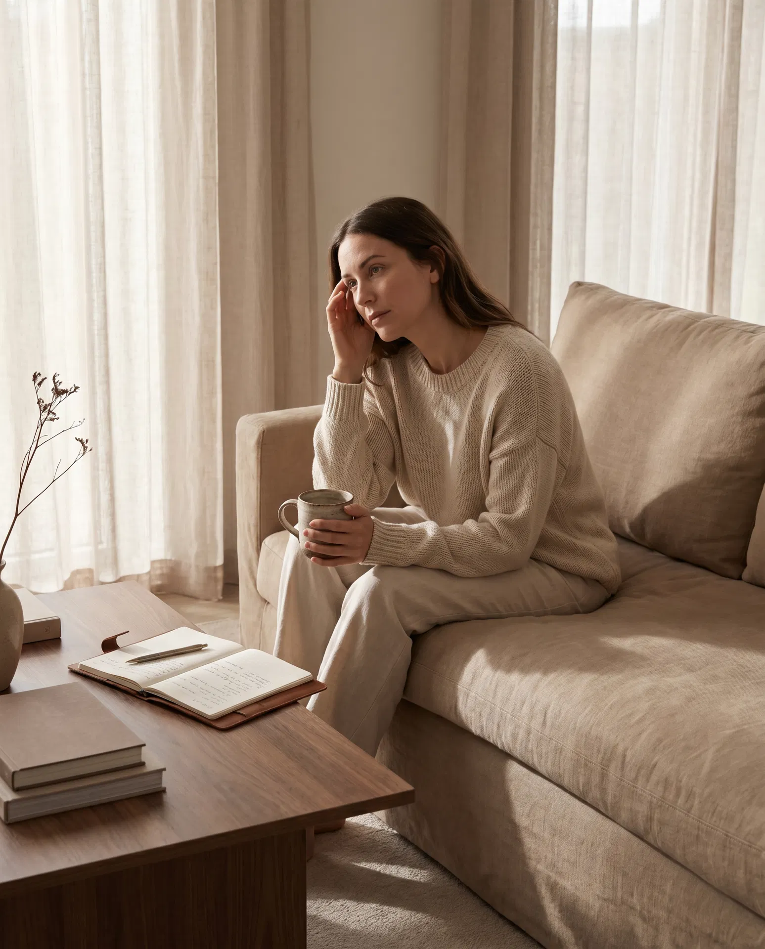 A reflective woman sitting in a calm neutral living room, holding a mug and looking mentally tired.