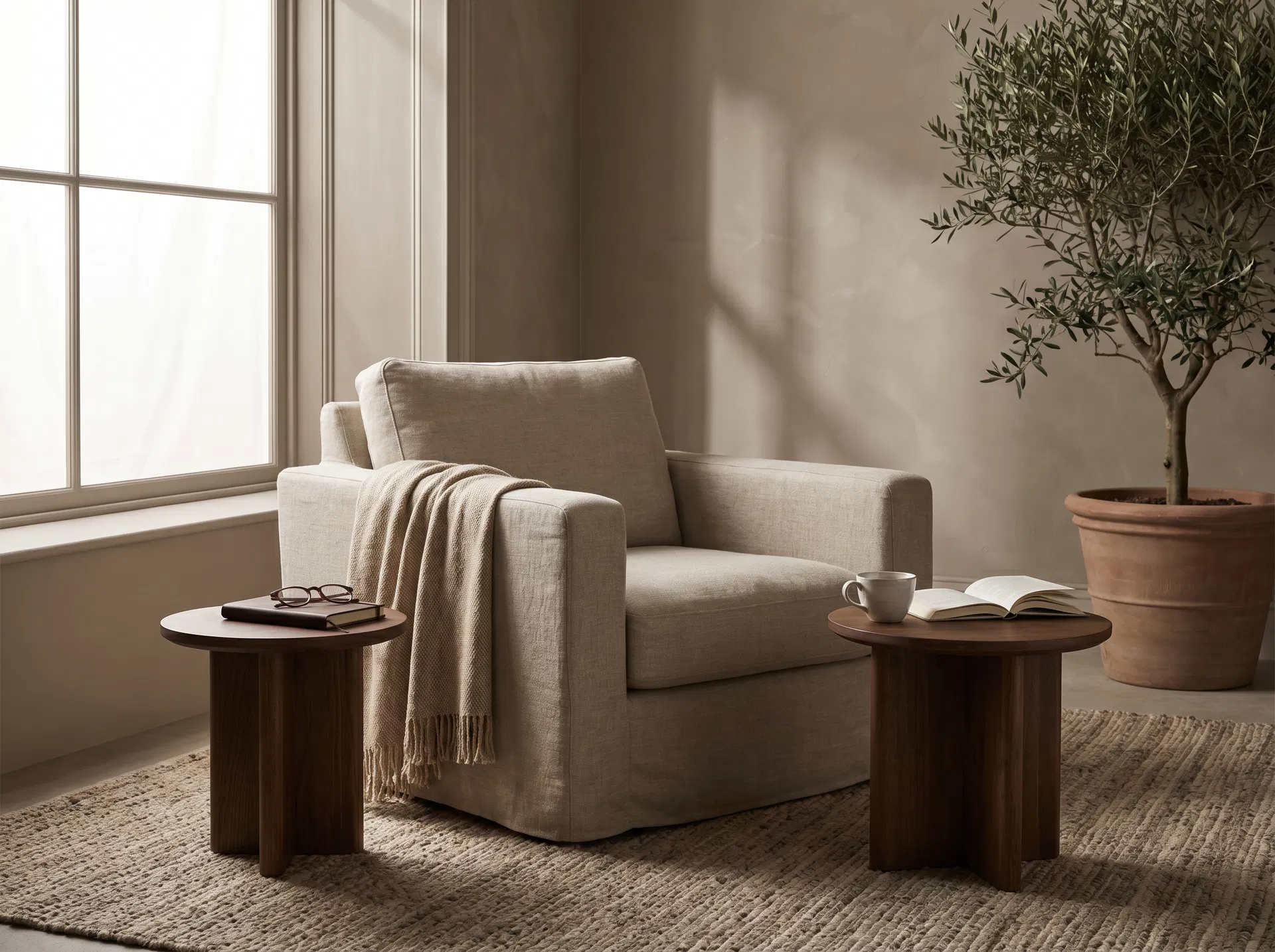 A calm neutral interior with an armchair, side tables, and soft natural light suggesting rest and emotional safety.
