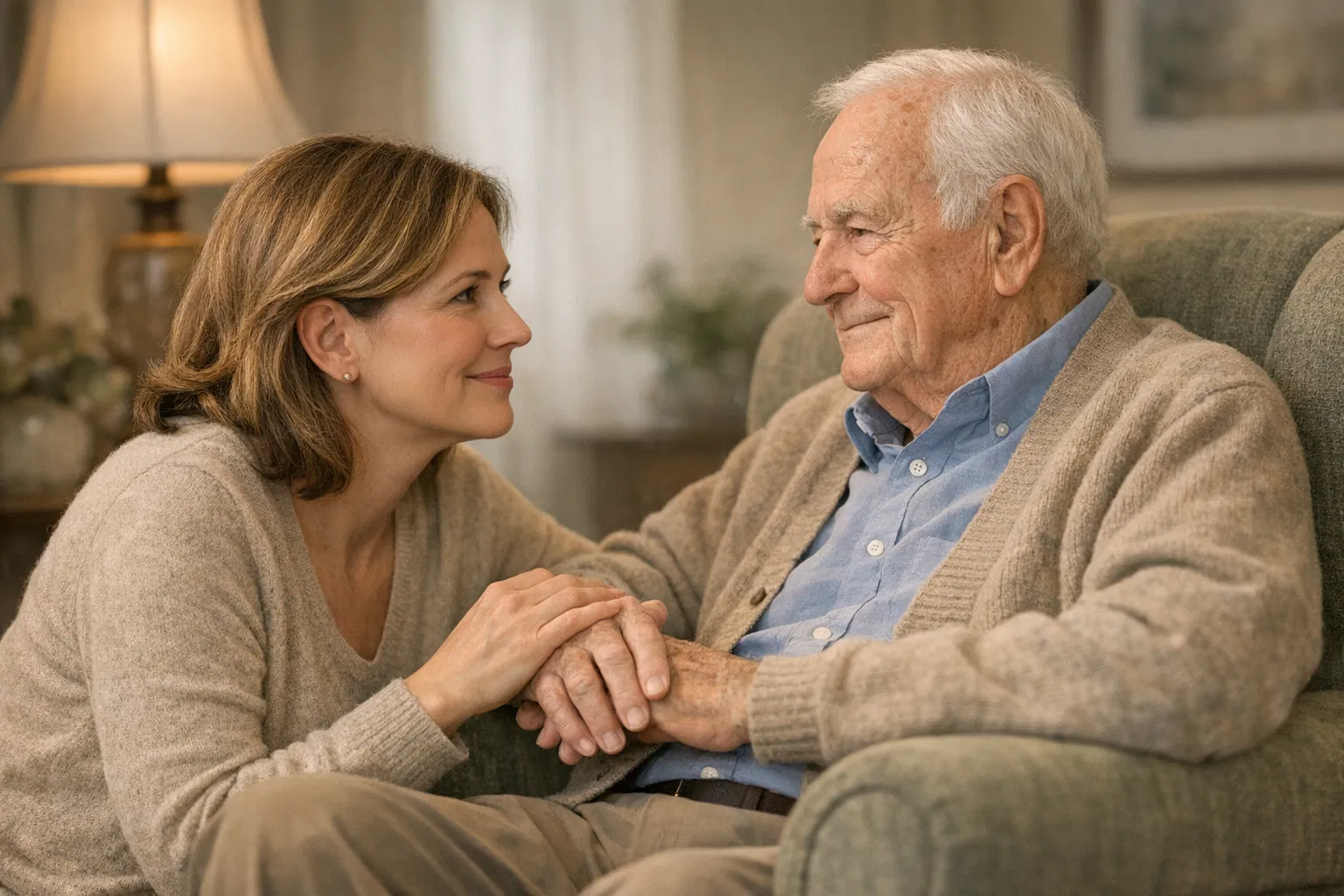 Adulte tenant la main de son père âgé
