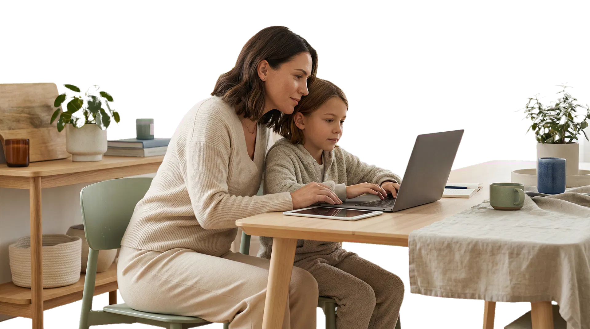 Parent accompagnant un enfant devant un ordinateur à la maison