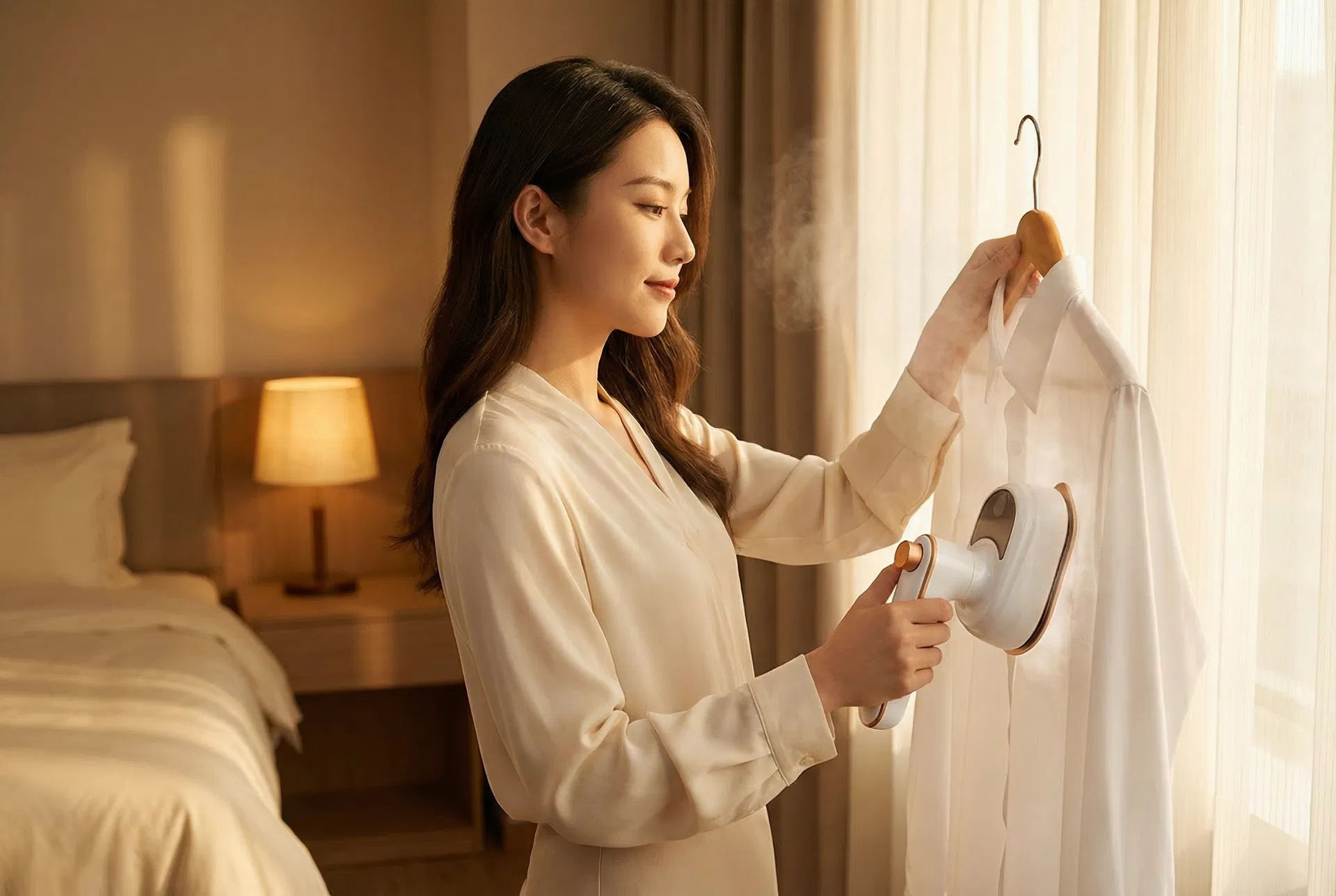 Woman steaming clothes in hotel room with LuxSteam