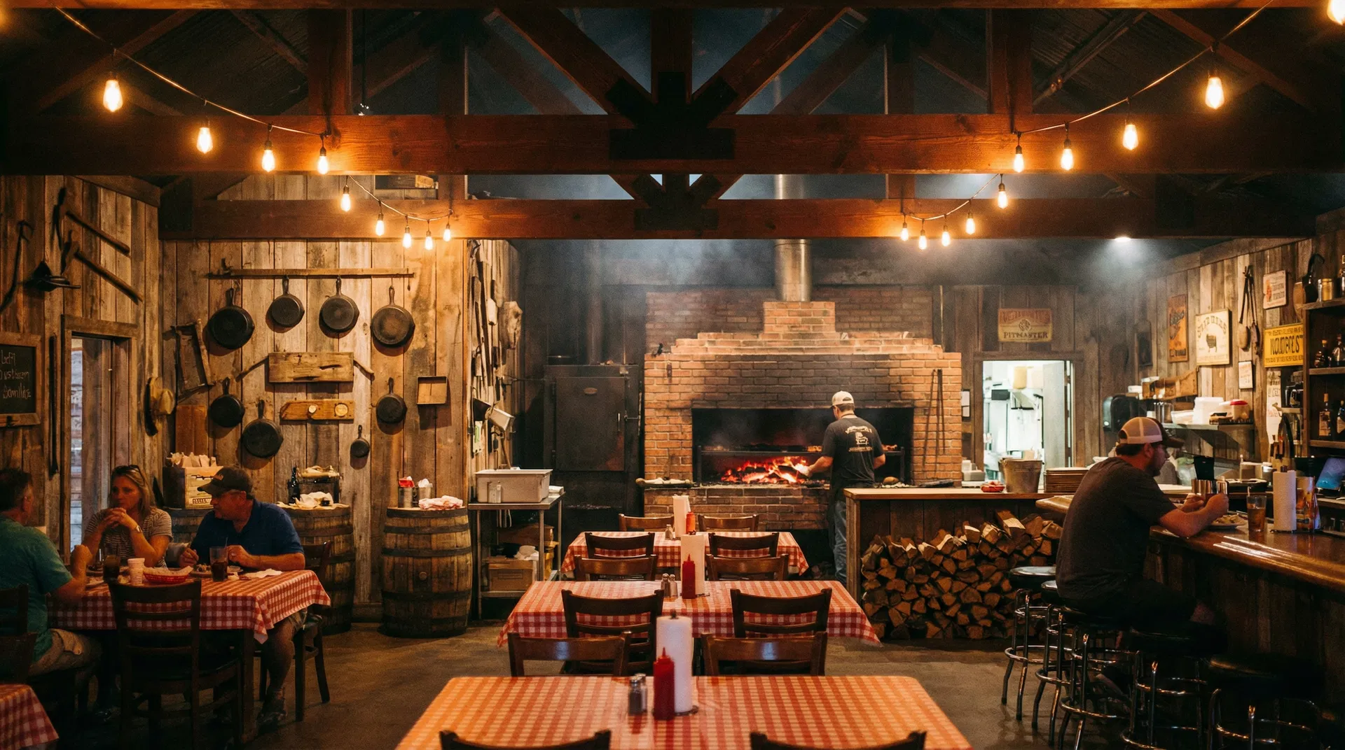 Inside Hawgz Smokehouse Pavilion — warm rustic interior with wooden beams and string lights