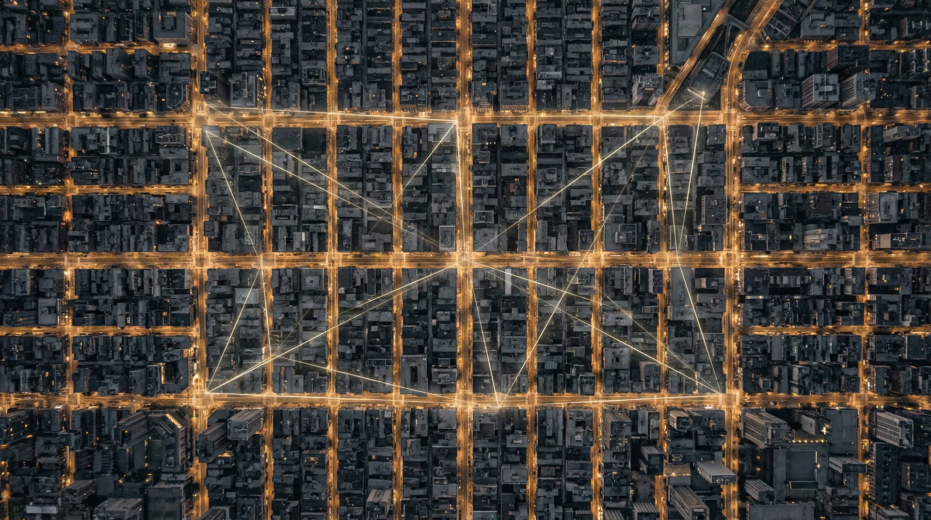 Aerial view of a connected city grid representing digital twin technology