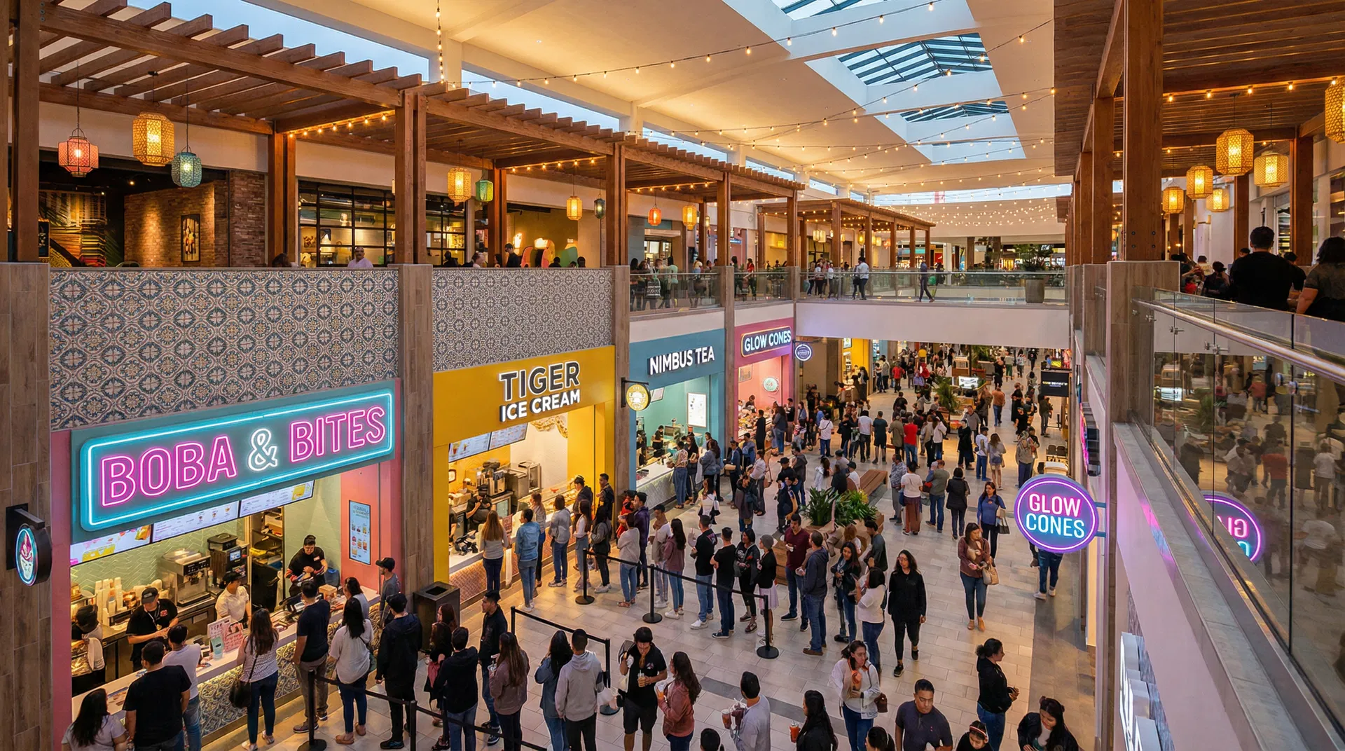 Bustling shopping mall with bubble tea and ice cream shops
