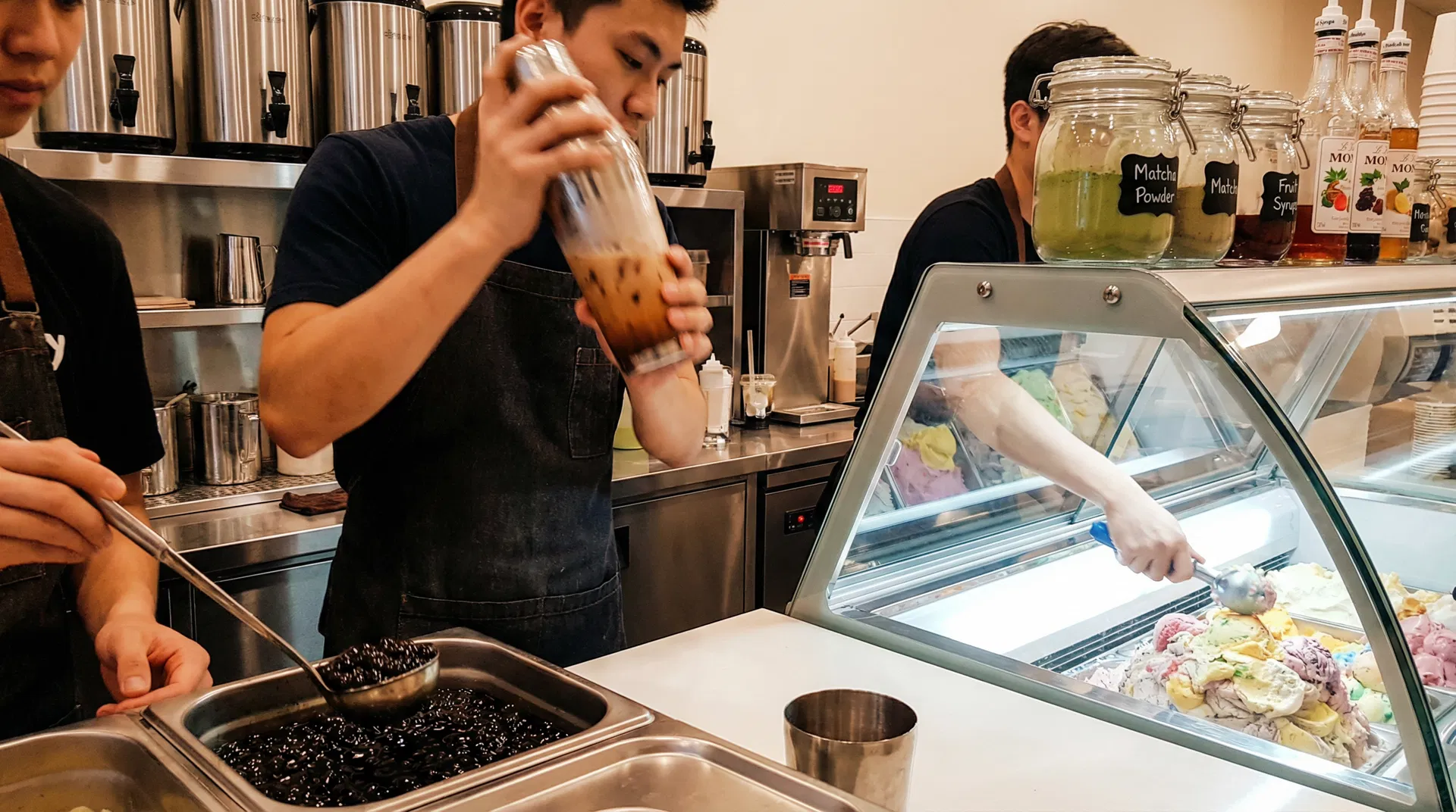 Bubble tea and ice cream preparation workspace