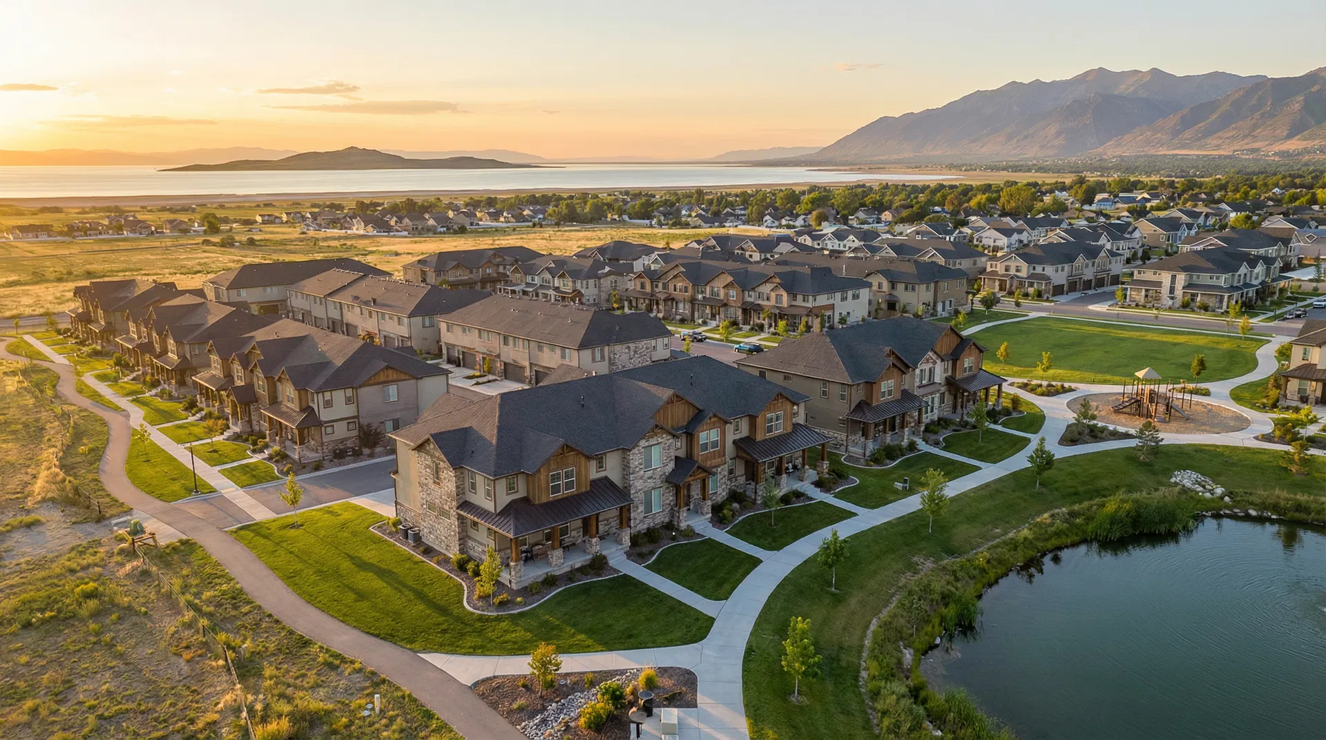 Aerial view of Syracuse, UT townhome community with trails, pond, and mountain views