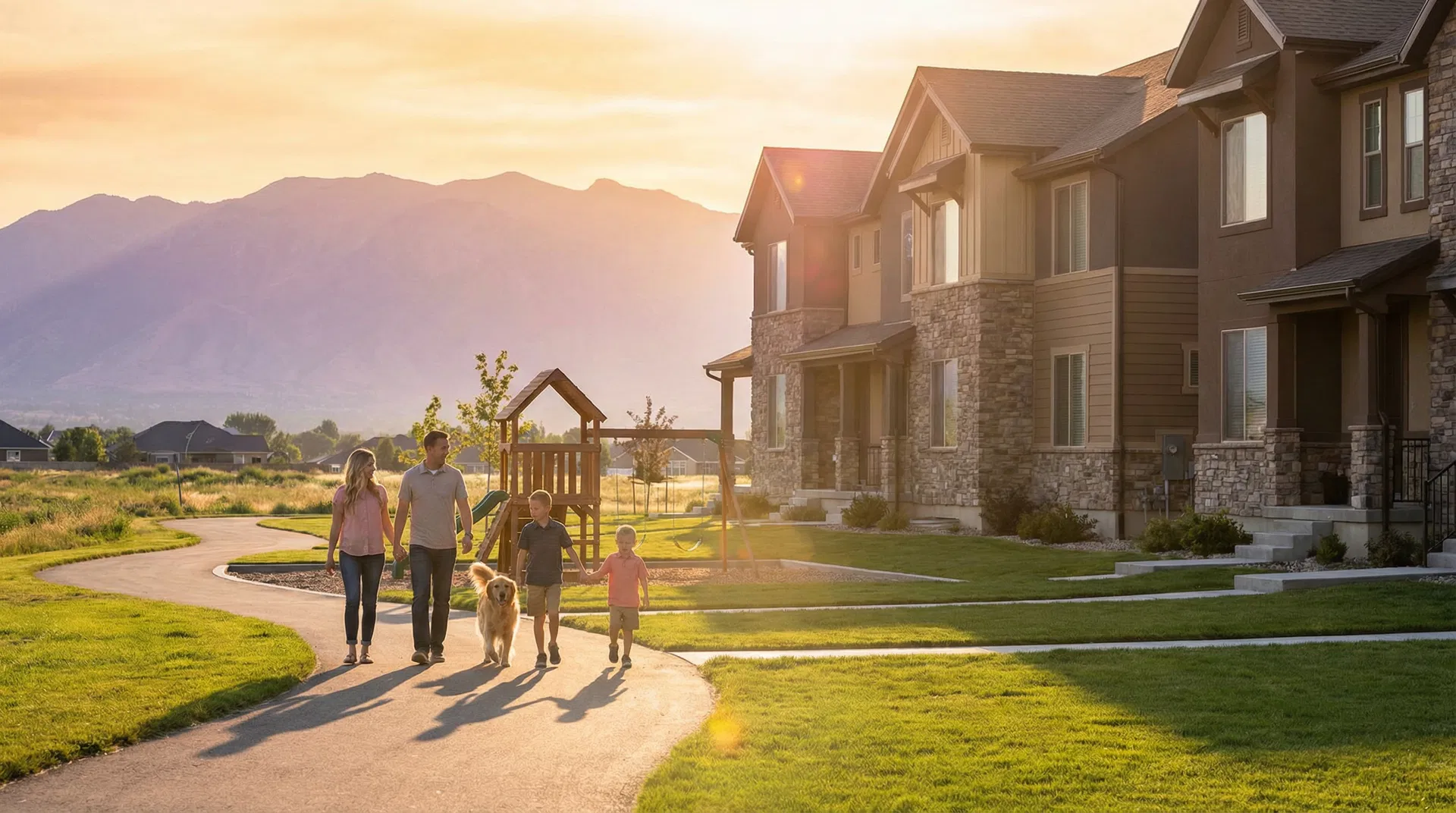Family enjoying walking trails near Syracuse, UT townhome community at golden hour