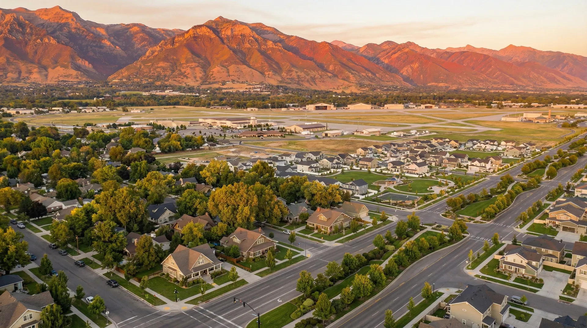 Aerial view of Clearfield, Utah near Hill Air Force Base at golden hour