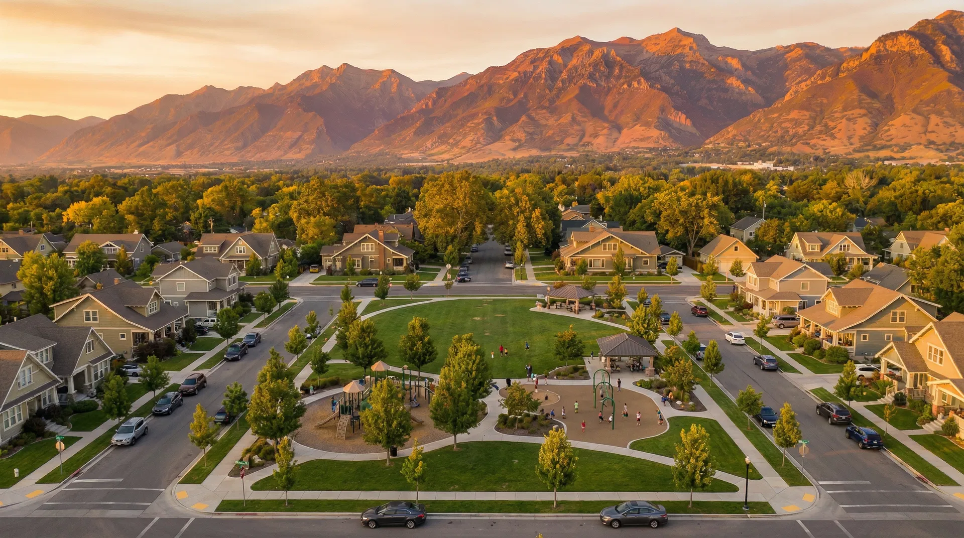 Aerial view of Clinton, Utah family neighborhood at golden hour