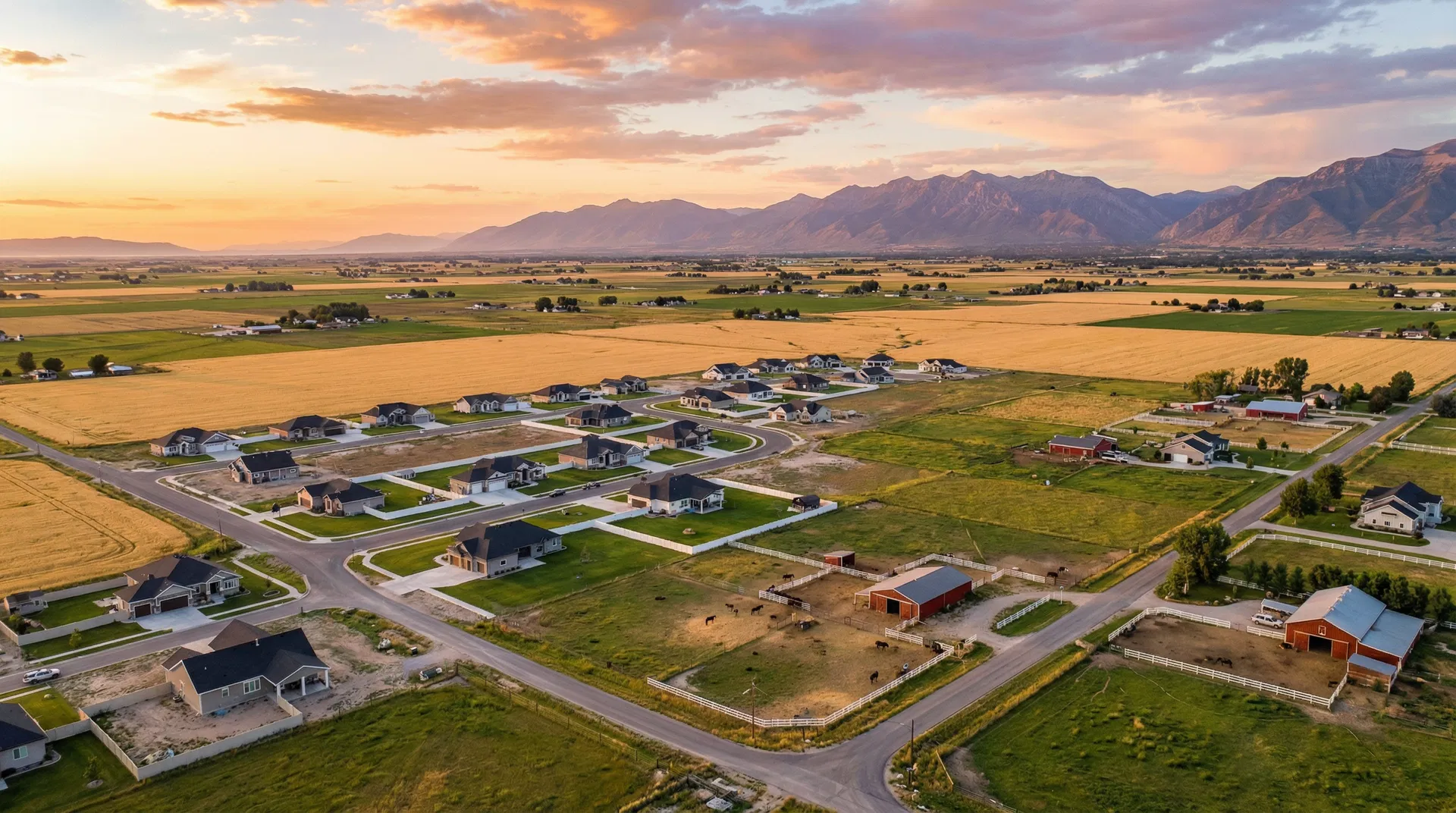 Aerial view of Hooper, Utah rural community with farmland at golden hour