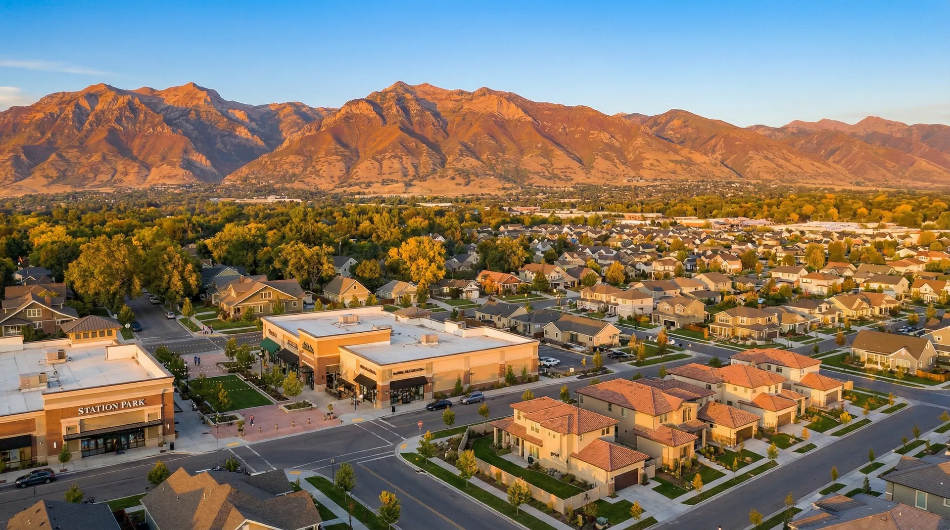 Aerial view of Layton, Utah neighborhoods at golden hour