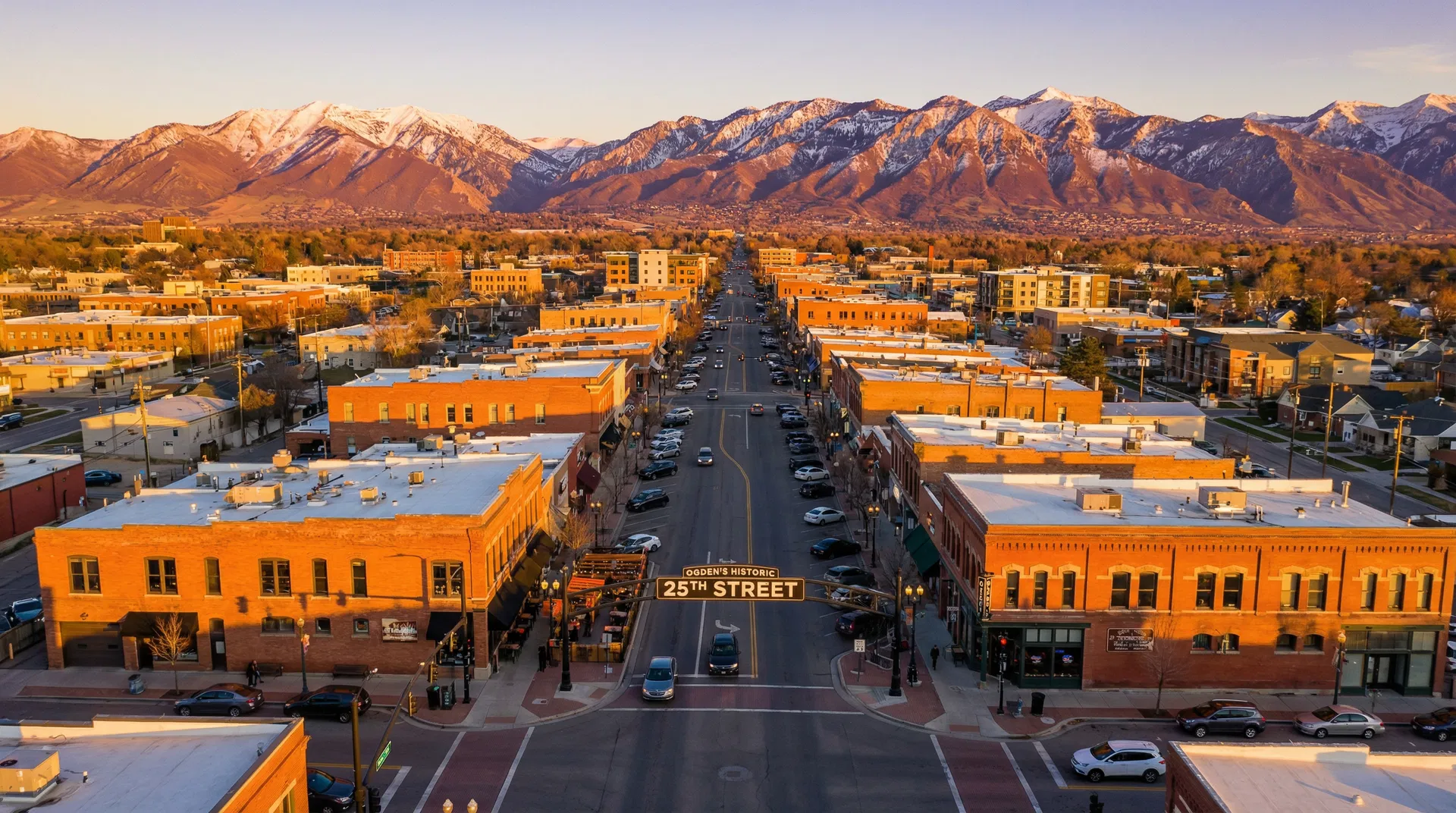 Aerial view of Ogden Utah historic 25th Street with Wasatch Mountains at golden hour