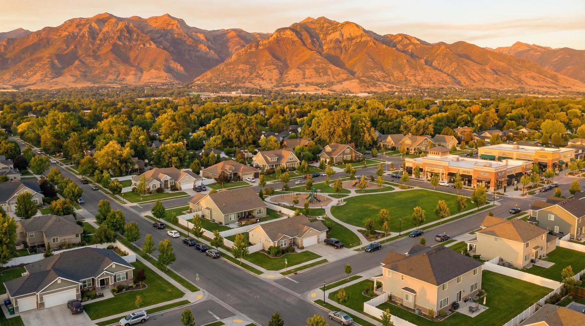 Aerial view of Roy, Utah residential area at golden hour