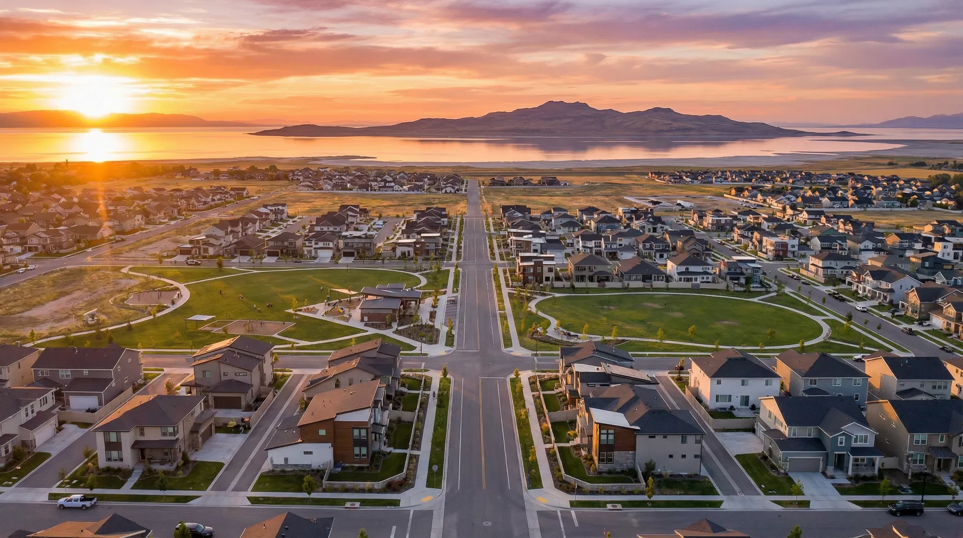 Aerial view of Syracuse, Utah with Great Salt Lake views at golden hour