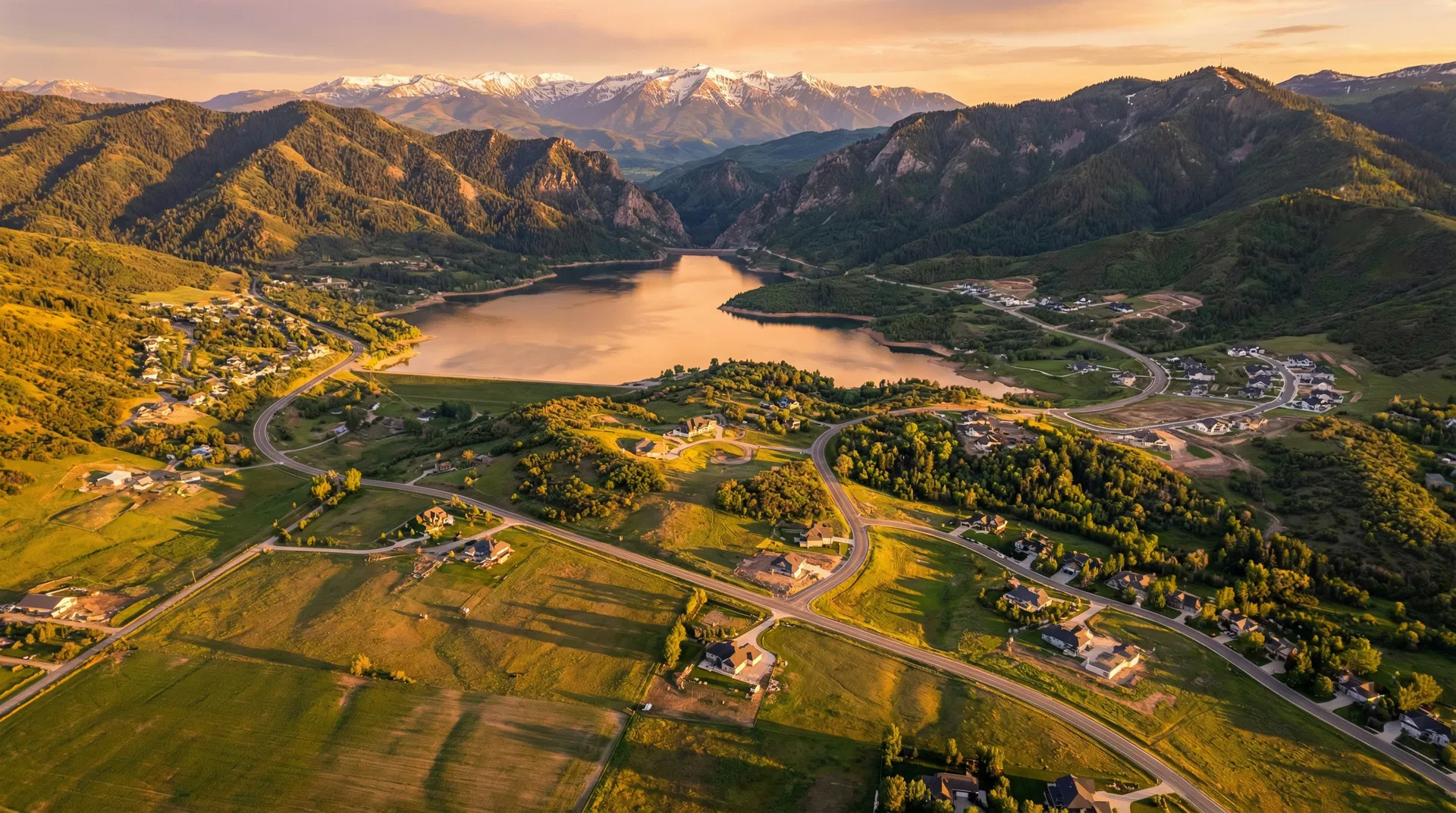 Aerial view of Weber County Utah with Ogden Valley and Pineview Reservoir at golden hour