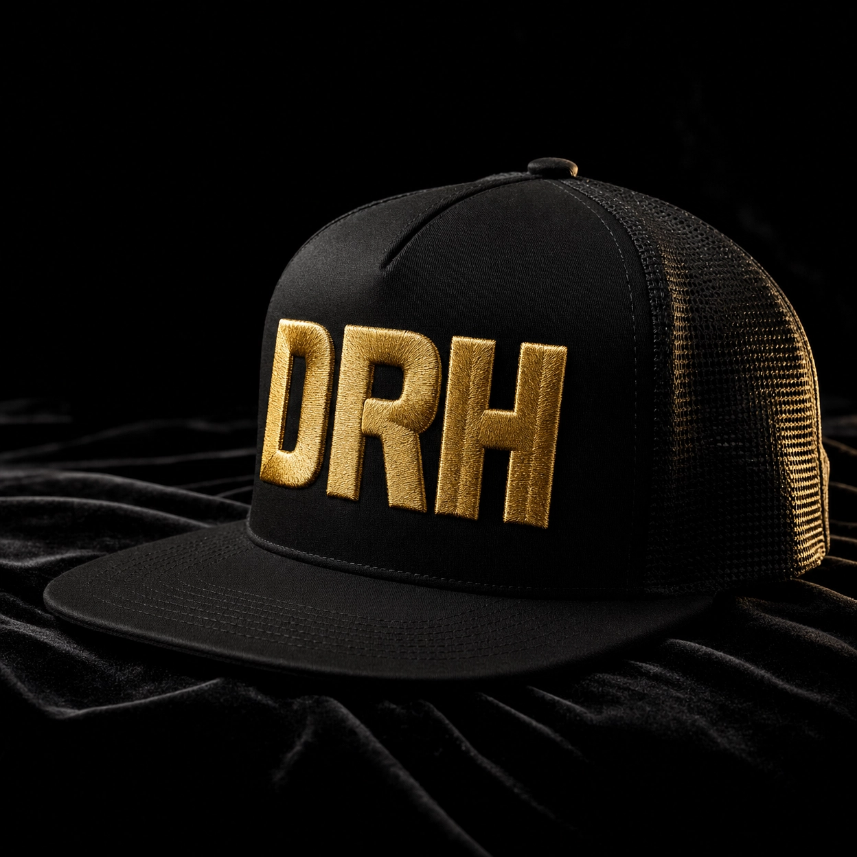 Flat-Brim DRH Trucker — DRH branded swag mock