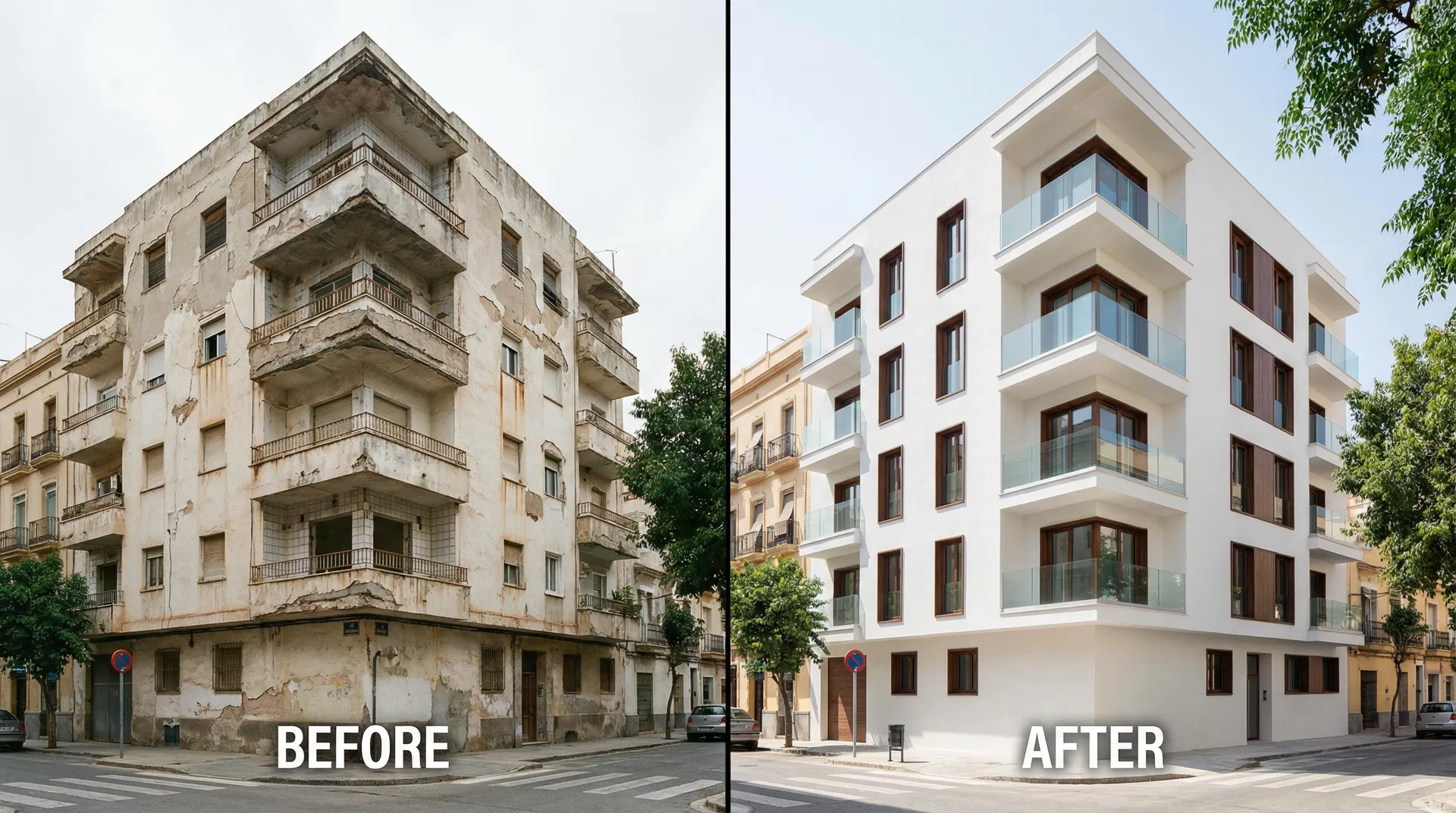 Antes y después de rehabilitación de fachada en Murcia - Integral Fachadas