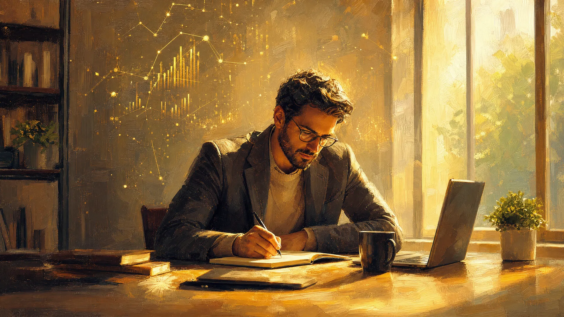 Scholar writing with luminous AI patterns — ethical, thoughtful use of technology