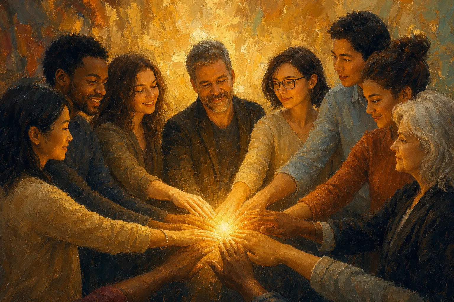 Many hands reaching toward a shared light — community and commitment