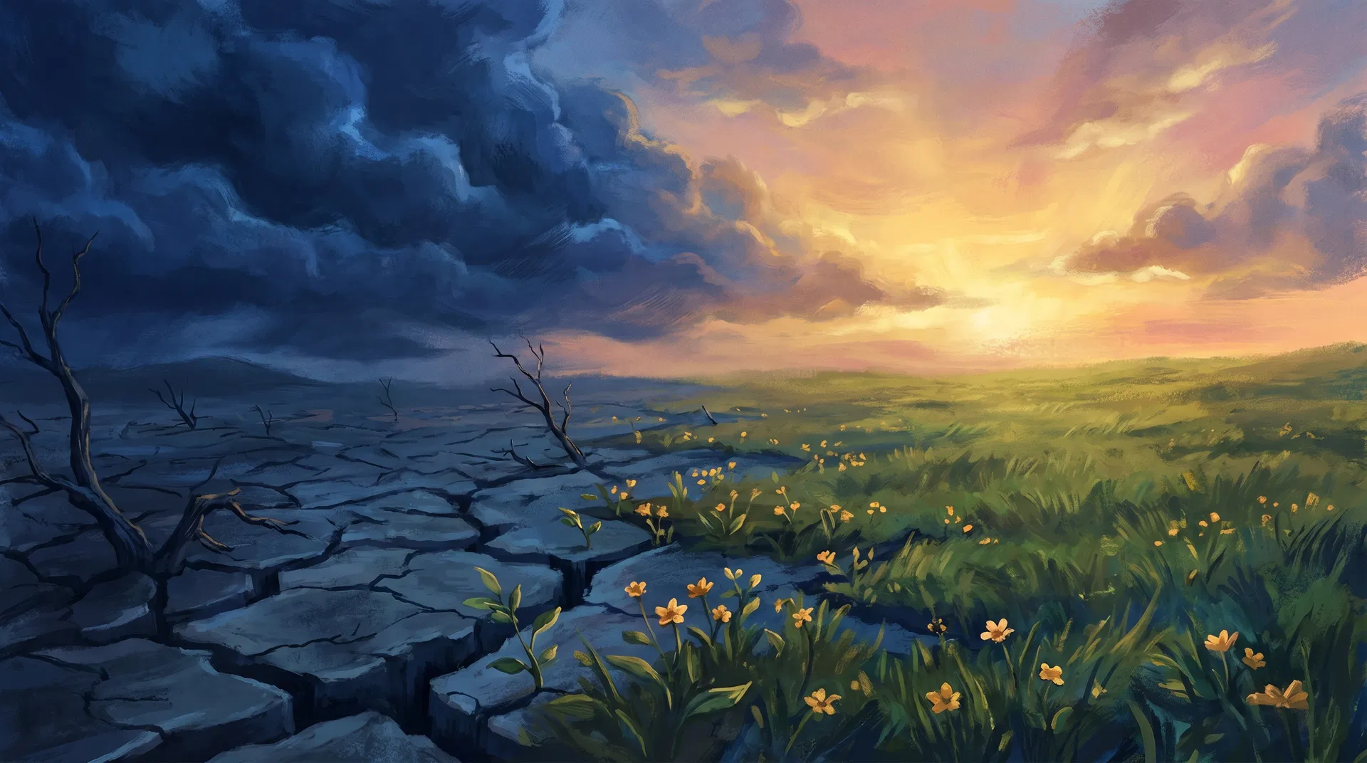 A barren cracked landscape transforming into lush green growth with golden flowers under dawn light