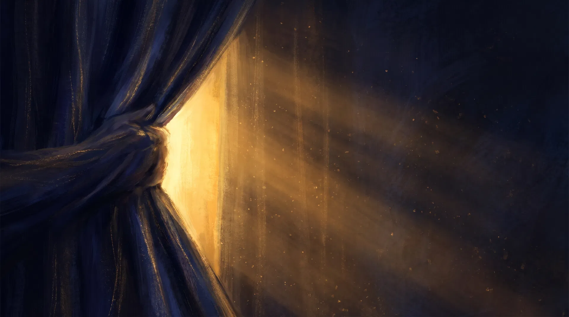 A dark curtain being pulled back to reveal golden light streaming through