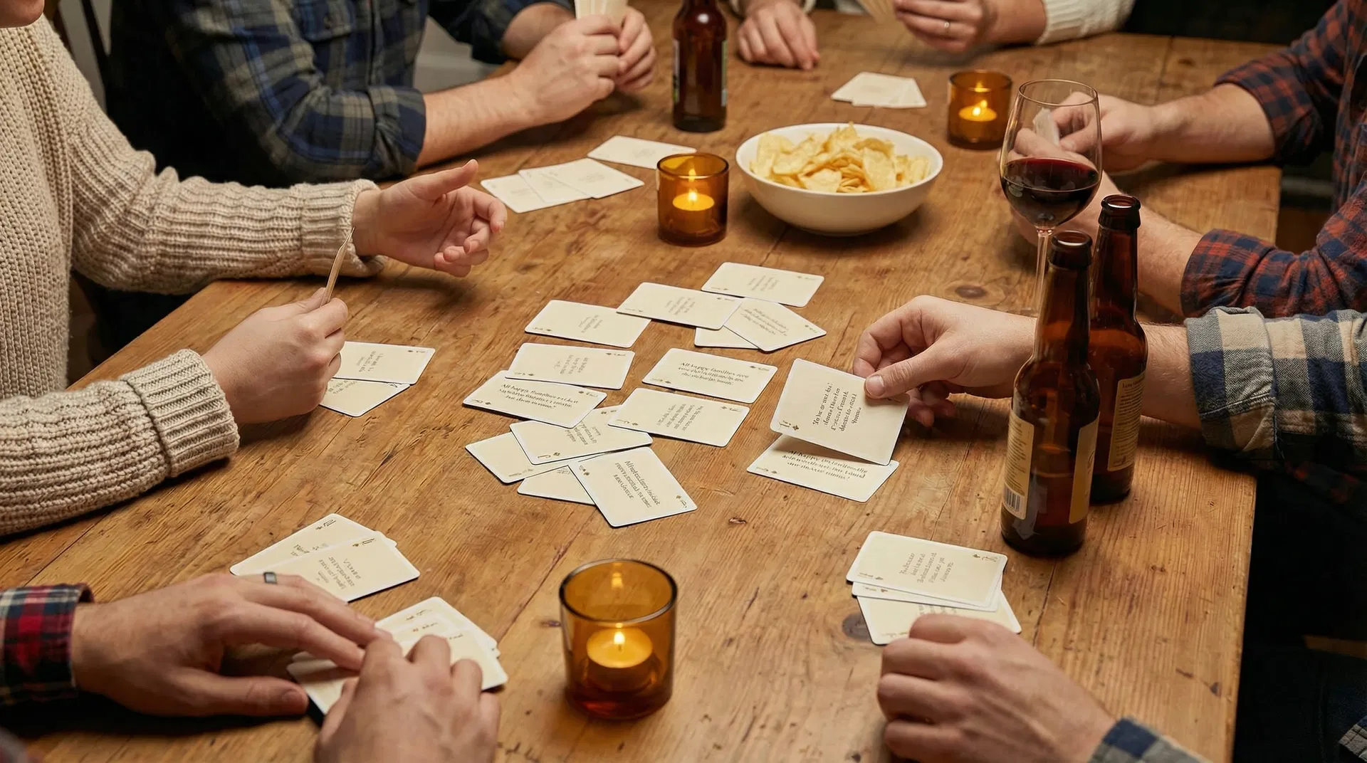 Friends playing cards at a casual game night with snacks and candles