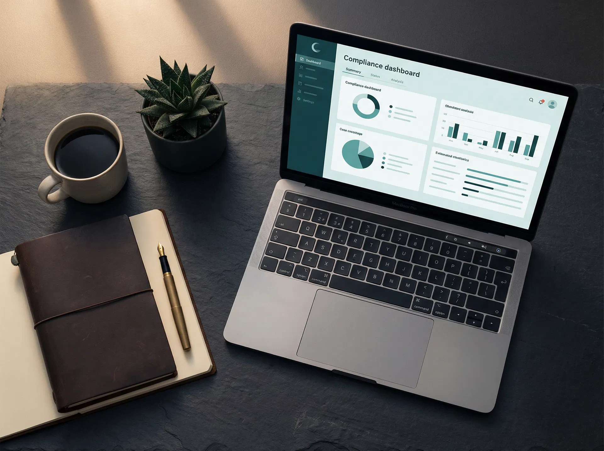 Compliance dashboard on laptop with legal notebook and coffee