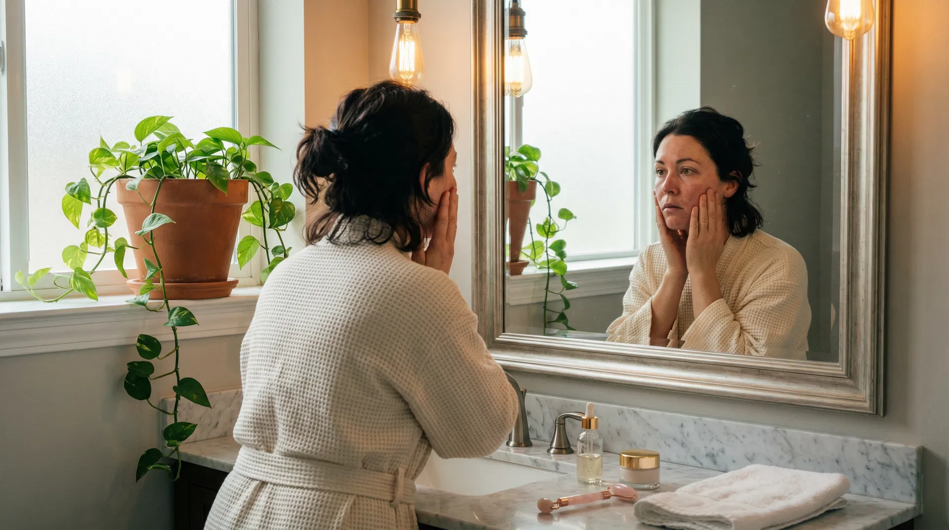 Woman examining her face in a bathroom mirror