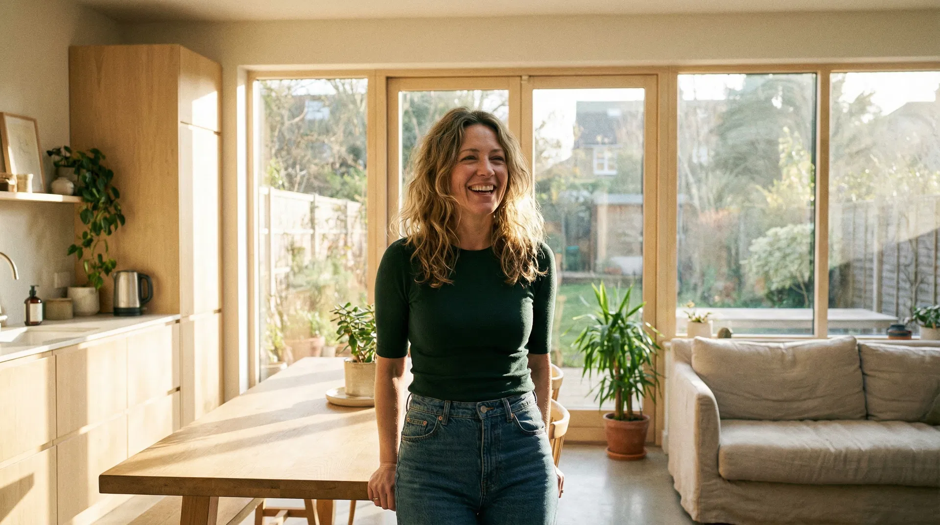 Confident woman in a bright kitchen holding her morning BodyGlow drink