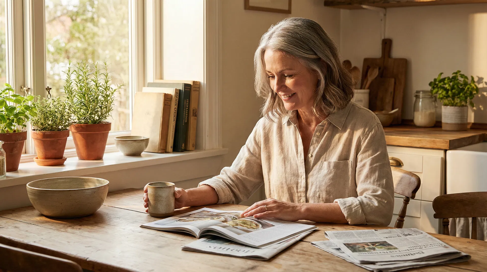 Woman reading in her kitchen in the morning